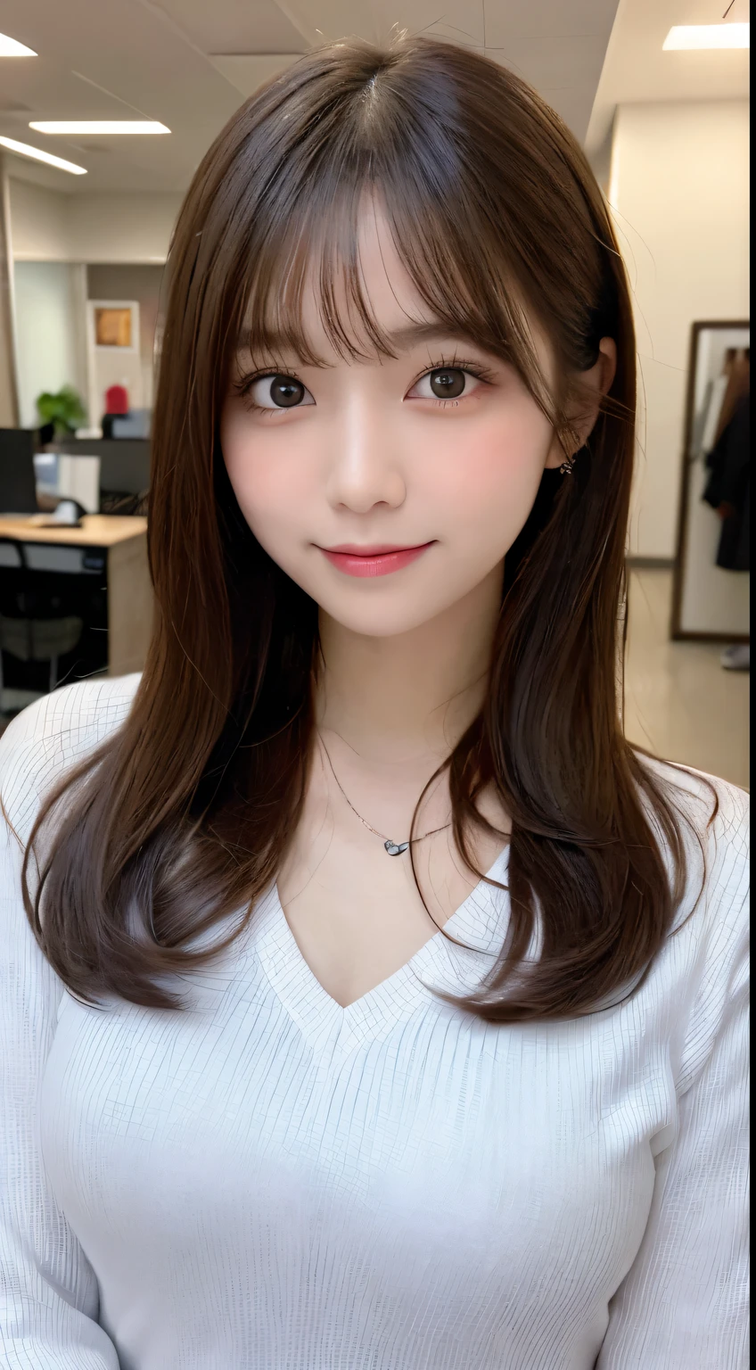 masutepiece, Best Quality, Illustration, Ultra-detailed, finely detail, hight resolution, 8K Wallpaper, Perfect dynamic composition, Beautiful detailed eyes, long sleeve casual office clothes,Medium Hair,,Natural Color Lip, Bold sexy poses,Smile,Harajuku、20 years girl、Cute、Sexy shot looking at camera,Blur the background,beautifull detailed face,Take only the face