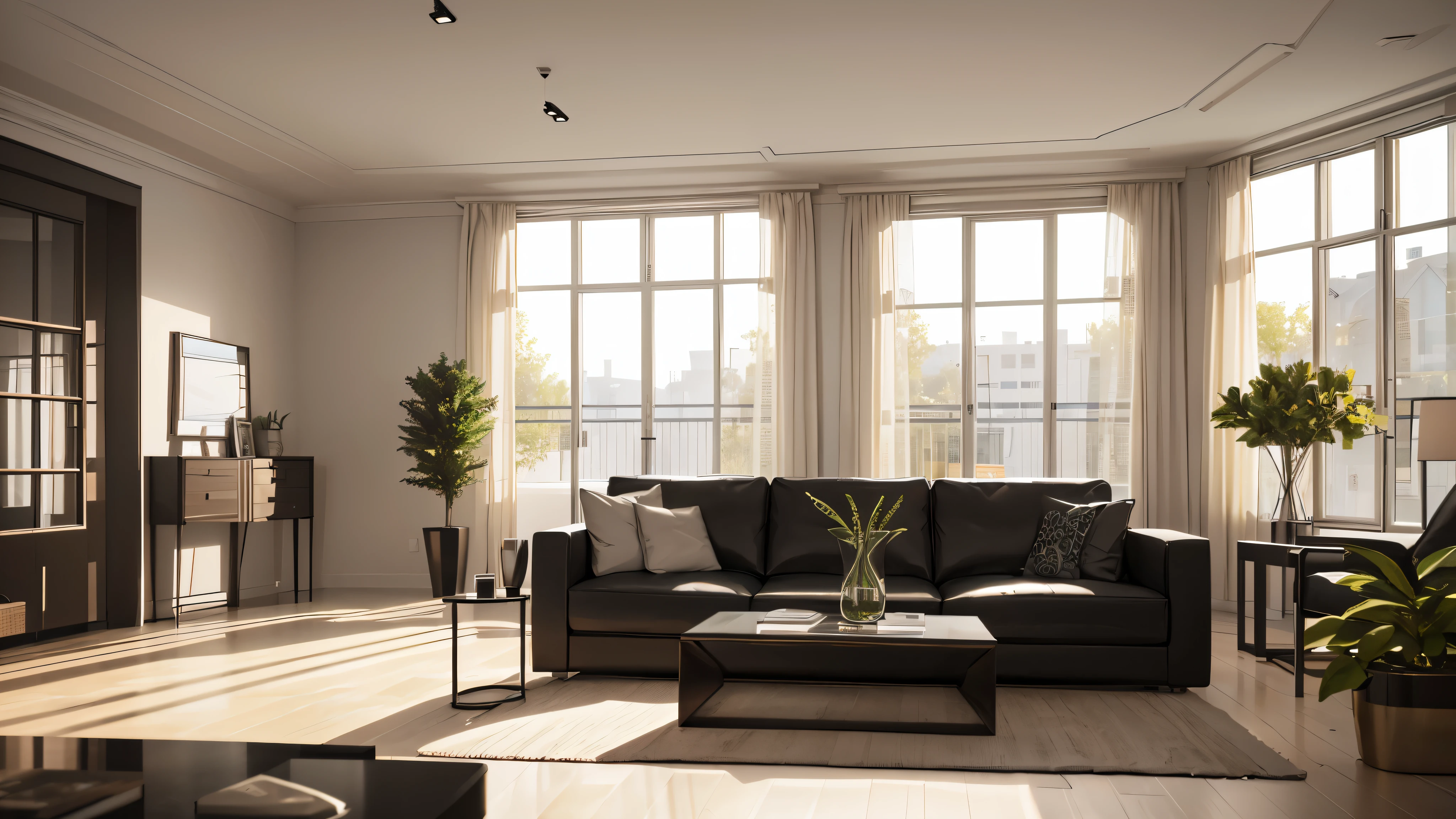 You are a famous interior designer、You have been asked to create a 3D image of a modern large room. Create a harmonious environment with modern and minimalist furniture. Including garden interior.