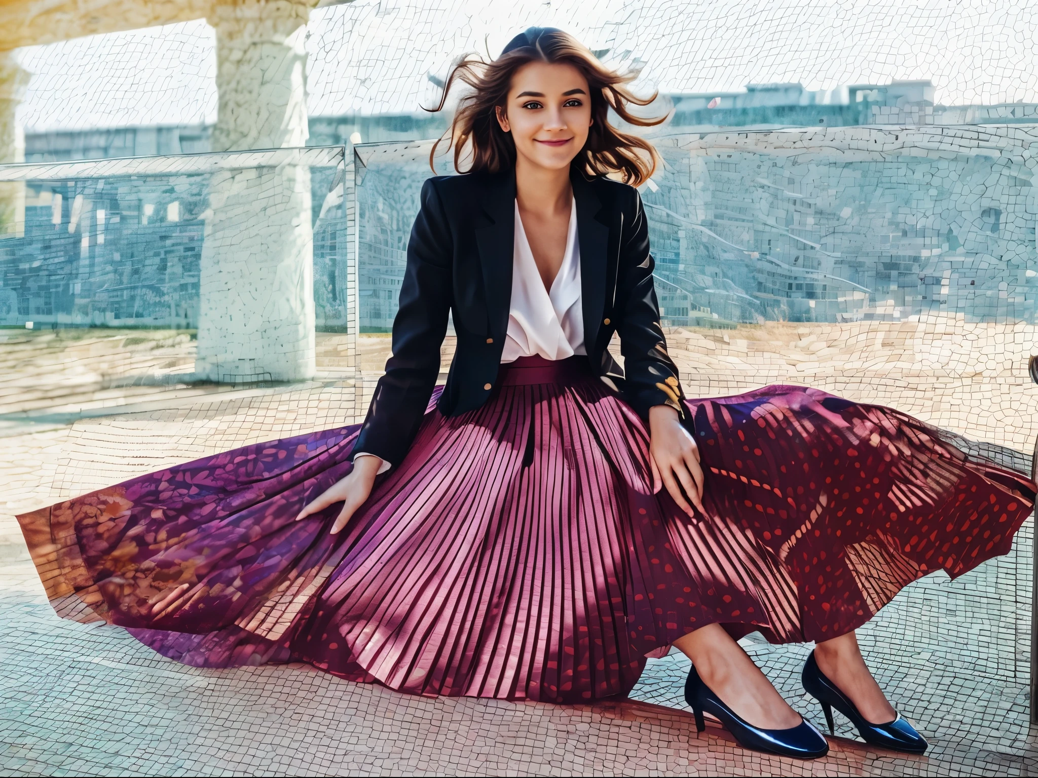 A smiling, authentic, (shy:1,3), kind, beautiful woman, is passionately in love with her ted skirt, wind lifts her skirt, wearing white jacket and very, very detailed (long (fully pleated) full circle skirt) and (low heeled court shoes), very, very intricate hyper-detailed symmetric (attractive graceful young feminine face) with (sad, tired eyes and a loving smile), very voluptuous breasts, full of empathy and compassion and love, (pronounced (feminine) features), (highly detailed ultra accurate realistic) hands and fingers, (windy), epic composition, highly detailed attributes, (35mm f1.4 Kodak portra 400 photograph), extremely high quality RAW photograph, highly detailed atmosphere, sci-fi, cinematic shot, dynamic lighting, 75mm, Technicolor, Panavision, cinemascope, sharp focus, fine details, 8k, HDR, realism, realistic, key visual, film still, superb cinematic color grading, depth of field,detailed face, very long eyelashes,pink shiny lipgloss, 4k,8k,high resolution