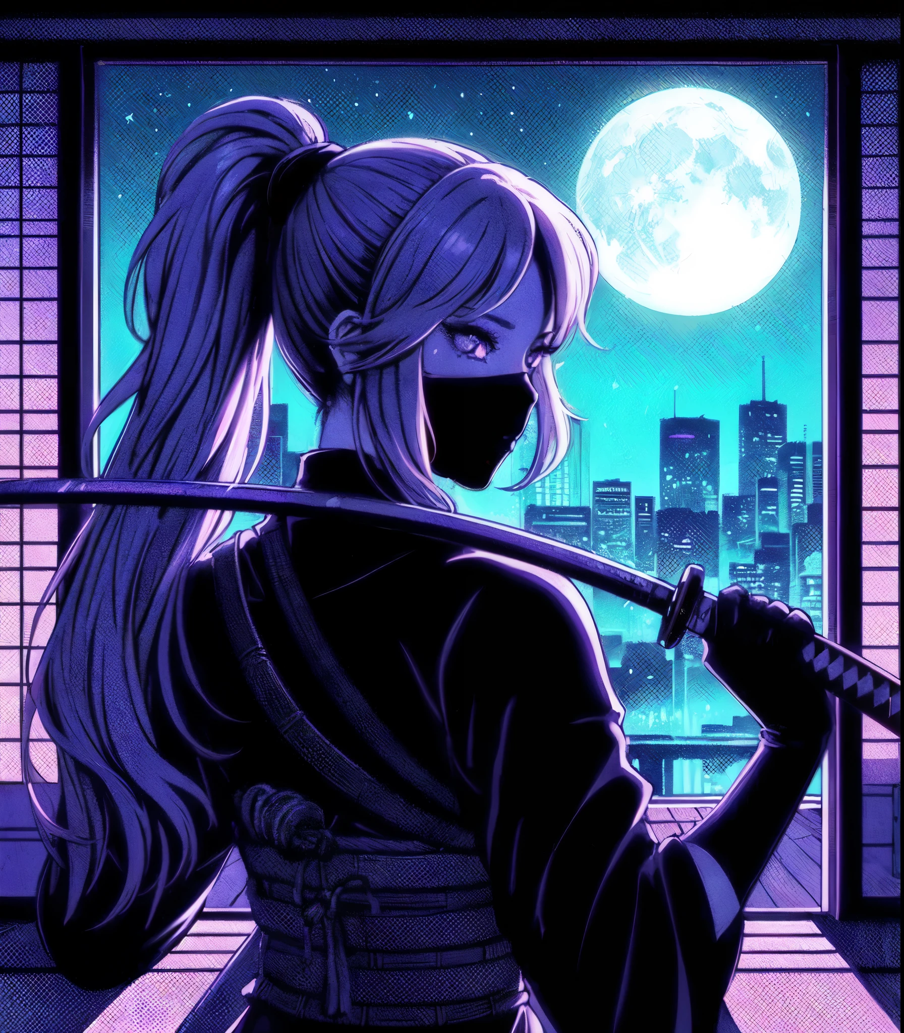 1lady solo, (looking back) (from behind), kunoichi (ninja outfit:1.2) (mask:1.1), (holding katana sword) (blade shimmering), mature female, /(gray hair/) bangs, cool expression, (masterpiece best quality:1.2) delicate illustration ultra-detailed, medium breasts BREAK (vaporwave:1.2), (vaporwave aesthetic), (vaporwave-toned background) BREAK (Japanese room) indoors, (shoji screens:1.2), moon moonlight, cityscape, detailed background