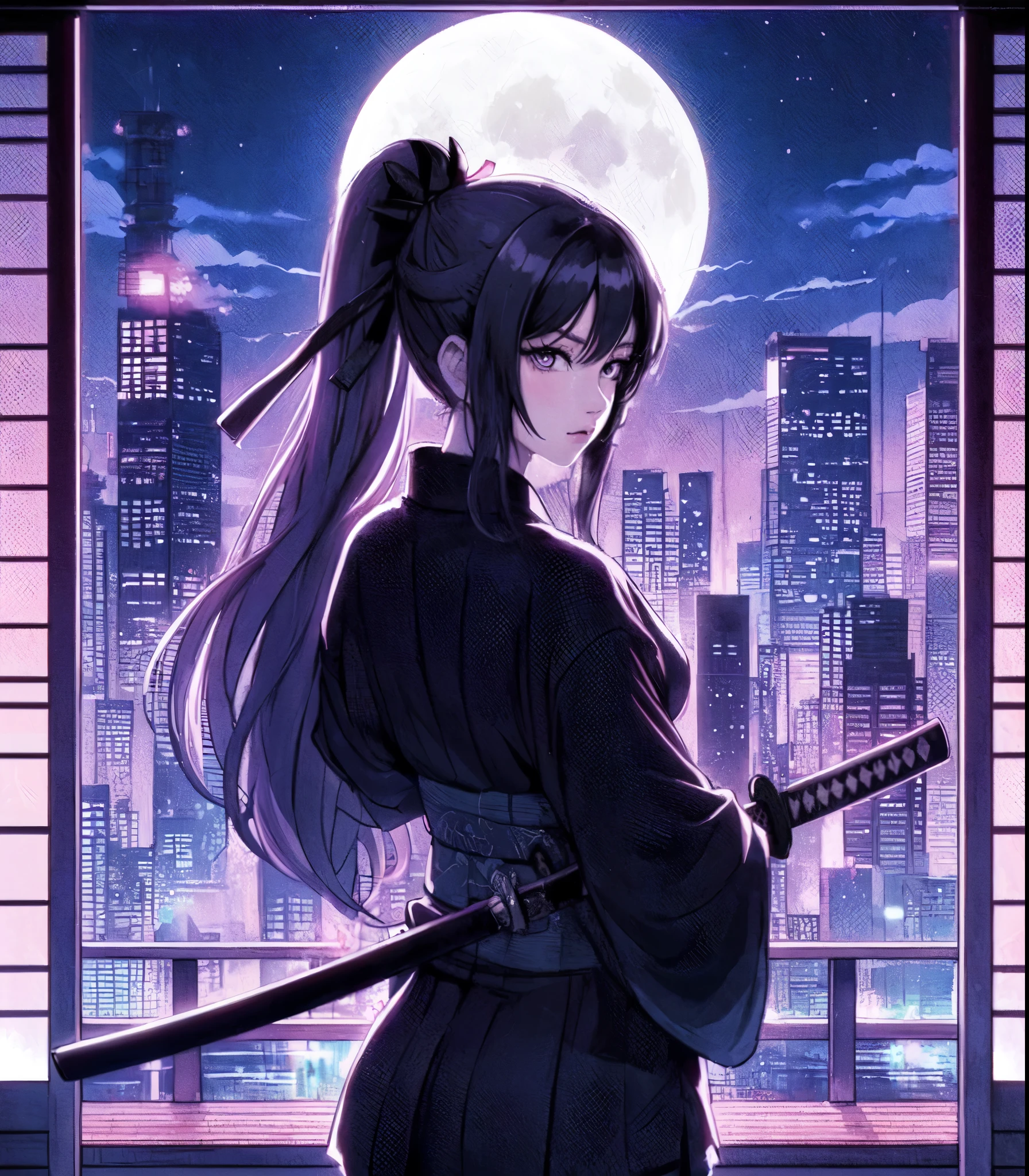 1lady solo, (looking back) (from behind), kunoichi (ninja outfit:1.2) (mask:1.1), (holding katana sword), mature female, /(black hair/) bangs, cool expression, (masterpiece best quality:1.2) delicate illustration ultra-detailed, medium breasts BREAK (vaporwave:1.2), (vaporwave aesthetic), (vaporwave-toned background) BREAK (Japanese room) indoors, (shoji screens:1.2), moon moonlight, cityscape, detailed background