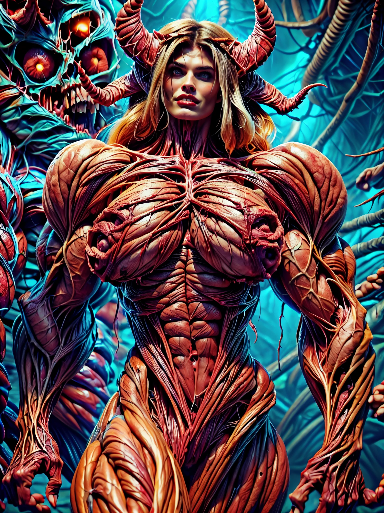 (1 girl), (megan fox:1.25), (naked:1.25), (carnage skinless physique:1.5), (1 super muscular undead skinless succubus with gigantic horns:1.5), (covered in red necrotic rotting skinless muscle:1.5), (exposed muscles & veins everywhere:1.5), (perfect fingers:1.25),(8k, RAW photo, photorealistic:1.25), dark horrific scary atmosphere, hellish landscape, Hellraiser like atmosphere,