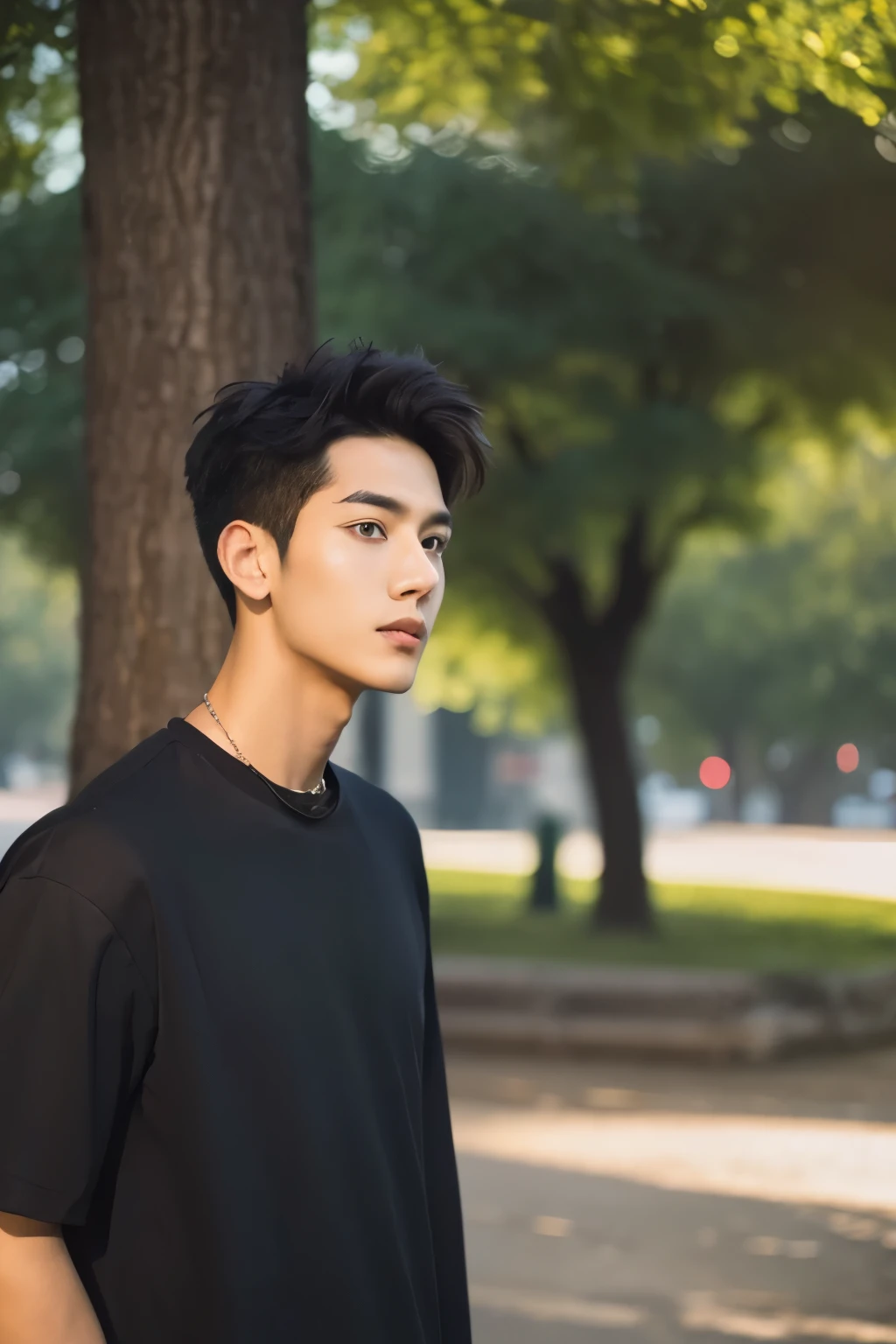 Young man, 23 years, black hair, thin, tall, in the park, black shirt