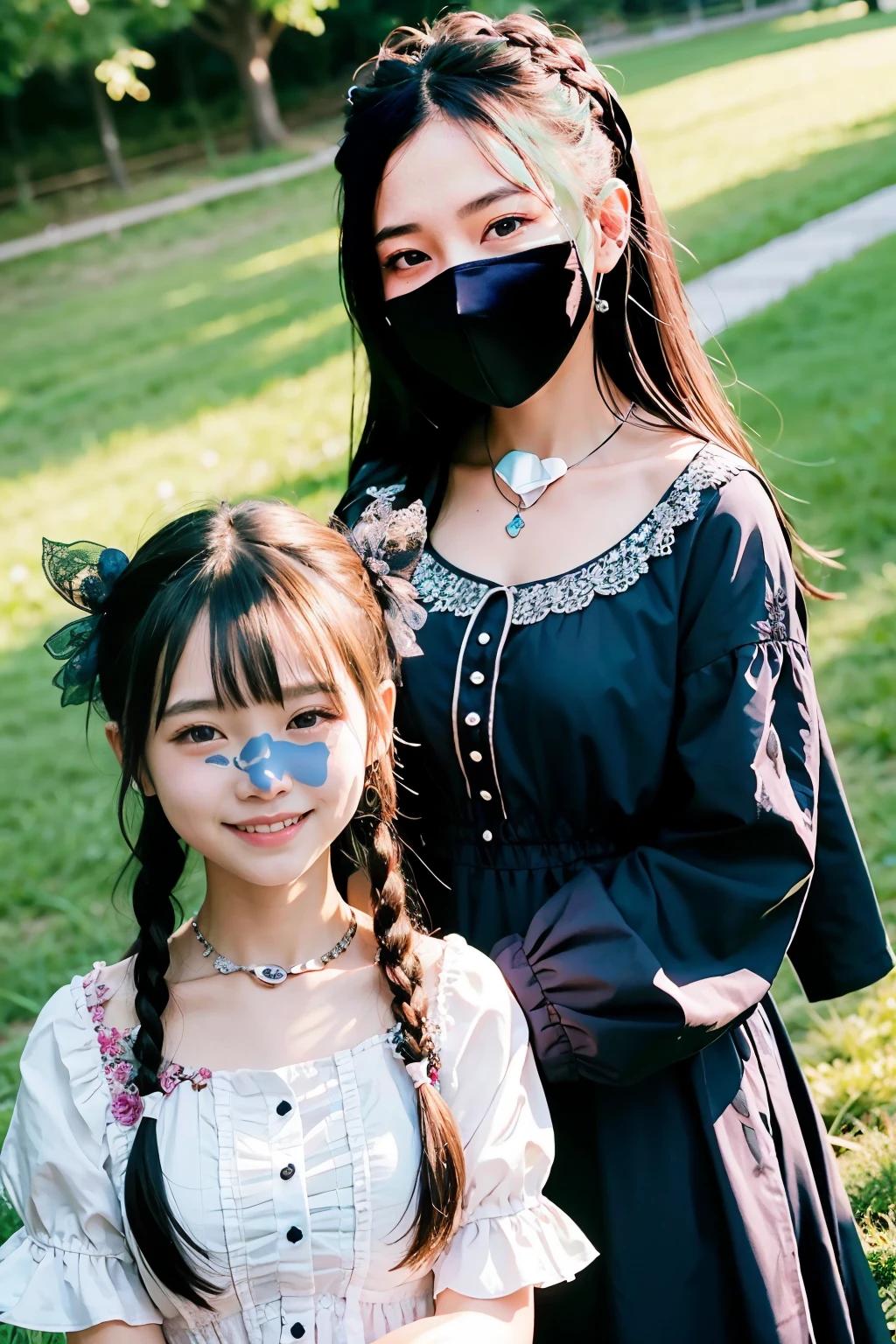 2 girls in、Cute like a model、Kamimei、Looking here、Pretty eyes、Beautiful breasts、Two people side by side、intricate lace、complex dress、intricate hair ornament、Complex earrings、Complex necklaces、(ultra-detailliert), Frontal Face,head shot, Front view,Cute princess dresses in black color,(frilly dress),(shortsleeves),Blue eyes,The upper part of the body、cowboy shot、faces、(A smile:1.5),(facing front:1.2), 20yr old, s girl,no tail,(no tail),2D, masterpiece, top-quality, animesque, A detailed eye, A detailed face, Silver-haired medium hair, (silber hair), Ear Hair, small , Single braid, (Single braid), (Side braid), Pink ribbon, Ribbon around the neck, (White sleeves), florals、grass field、Floral ornament、