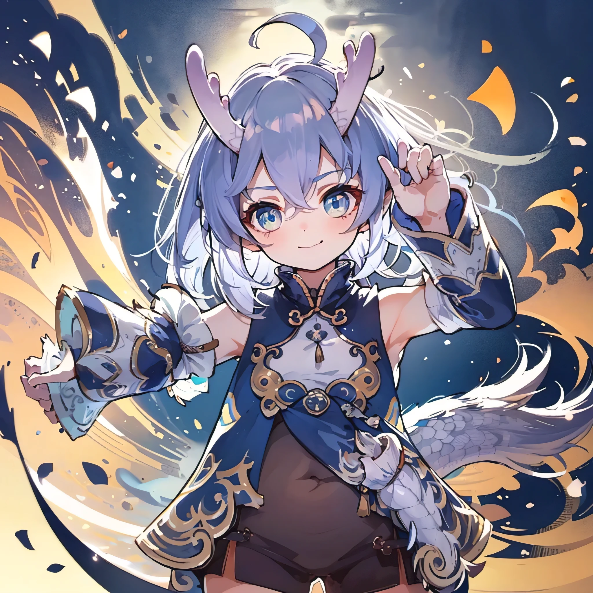 (best picture quality:1.3),(masterpiece:1.3),(Enlightenment:1.3),(Super detailed:1.3),(imide shot:0.9), 1 girl, alone, very young, upper part of body, short neck, Under small breasts,child（Soak in the stream：1.2），dragon tail，Girl child，ahog，blue eyes，Gemstone Eye，Very nice eyes，The face is thin，Keep your mouth shut，faint smile，watesh，big deal，Bania，Huafu，East Dragon，Chinese-style clothes