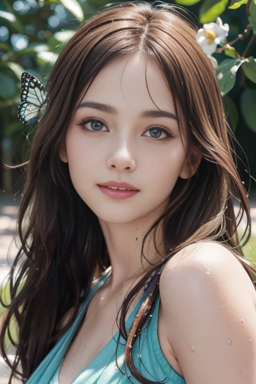 (Best quality,4K,8K,a high resolution,masterpiece:1.2),ultra detailed,(Realistic,photoRealistic,photo-Realistic:1.37),Close-up,girl face,Natural background,Lush greenery,sunlit,soft lighting,bright colors,wet petals,butterflies,beautiful detailed eyes,beautiful hair fluttering in the wind,peaceful expression,gentle smile