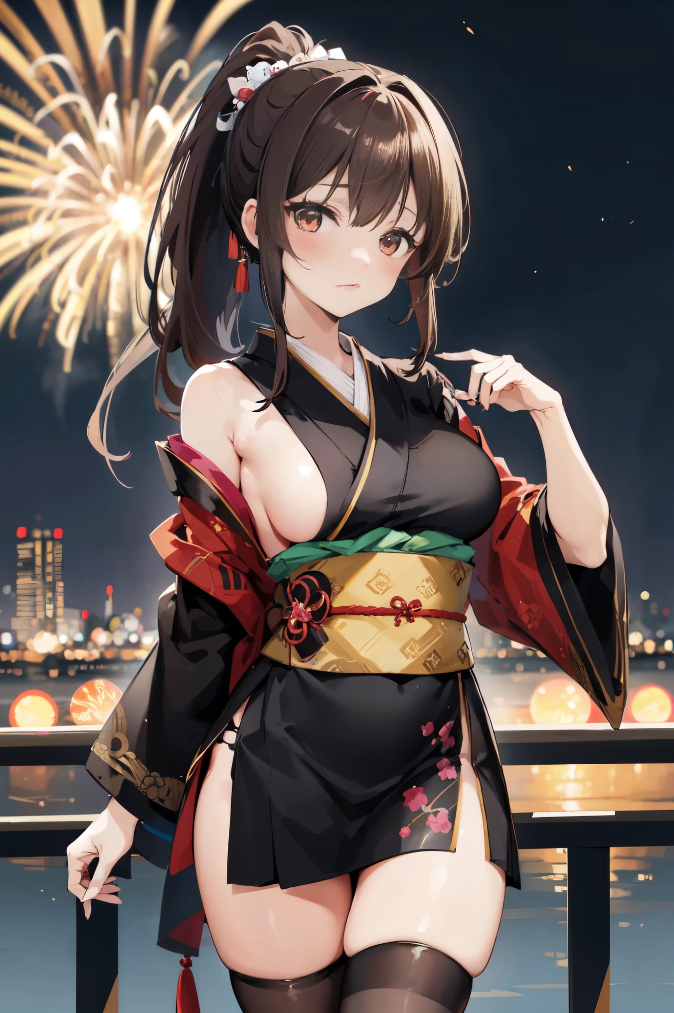 "anime girl, 1 person, dark brown hair, ponytail, ponytail, hairpin, brown eyes, kimono, dark brown kimono, elaborate patterned outfit, stockings, large breasts, blushing , solo, view from different directions, night, festival, New Year's Eve fireworks, watch fireworks (full HD Image 4K+)"
