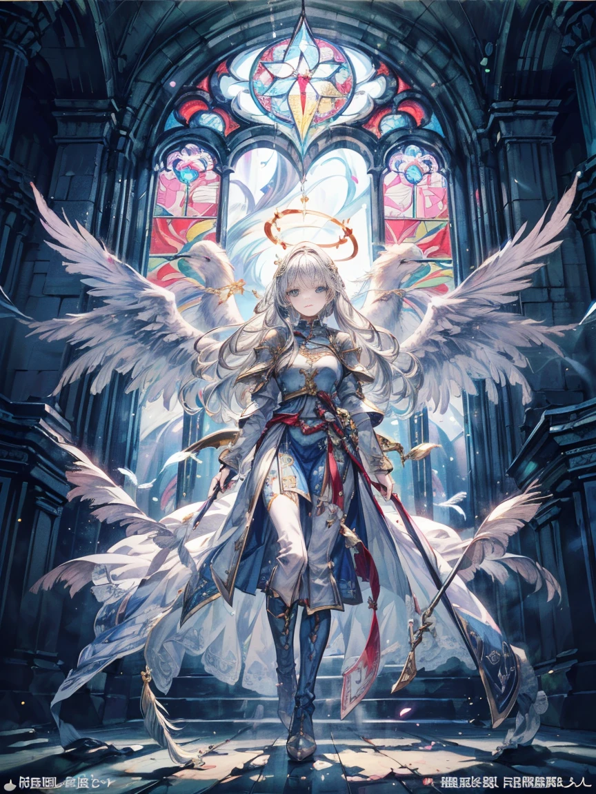 (official art、highest quality、Unity 8k wallpaper、32K、masterpiece、super detailed、Super high resolution、best illustrations、so ridiculous:1.2)、(cinematic lighting:1.2)、fire glow effect、film grain、best shadows、rim lighting、side light、(Super detailed and complex 3D rendering)、詳細なbeautiful faceと目、sharp pupils、realistic student、Slender、１men and women、medium bust、(whole body:1.2)、 beautiful face、16 year old beautiful girl、(super dense skin、fine skin texture:1.3)、(silver blonde、blue silver hair:1.3)、paladin、long hair、dull bangs、green eyes、3 braids in 1 bundle、(blue armor、blue boots、Blue helmet、jeweled、gold embroidery)、Slender、maxi skirt、(thighs thighs thighs:0.8)、(cheese、in house、artistic stained glass、large pipe organ、halo point、Mysterious、many feathers floating、Angelic、particles of light、Majestic、Sunlight is、Colorful、Fantastic:1.2)、(Fantastic:1.3)、(Holding the holy sword:1.0)、Fantastic、smile