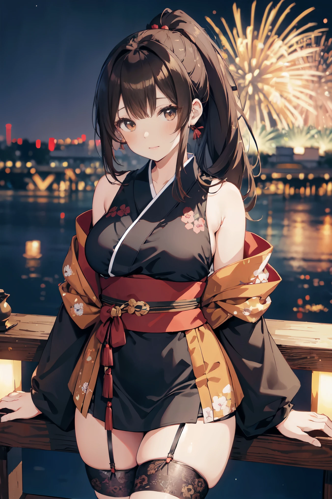 "anime girl, 1 person, dark brown hair, ponytail, ponytail, hairpin, brown eyes, kimono, dark brown kimono, elaborate patterned outfit, stockings, large breasts, blushing , solo, view from different directions, night, festival, New Year's Eve fireworks, watch fireworks (full HD Image 4K+)"