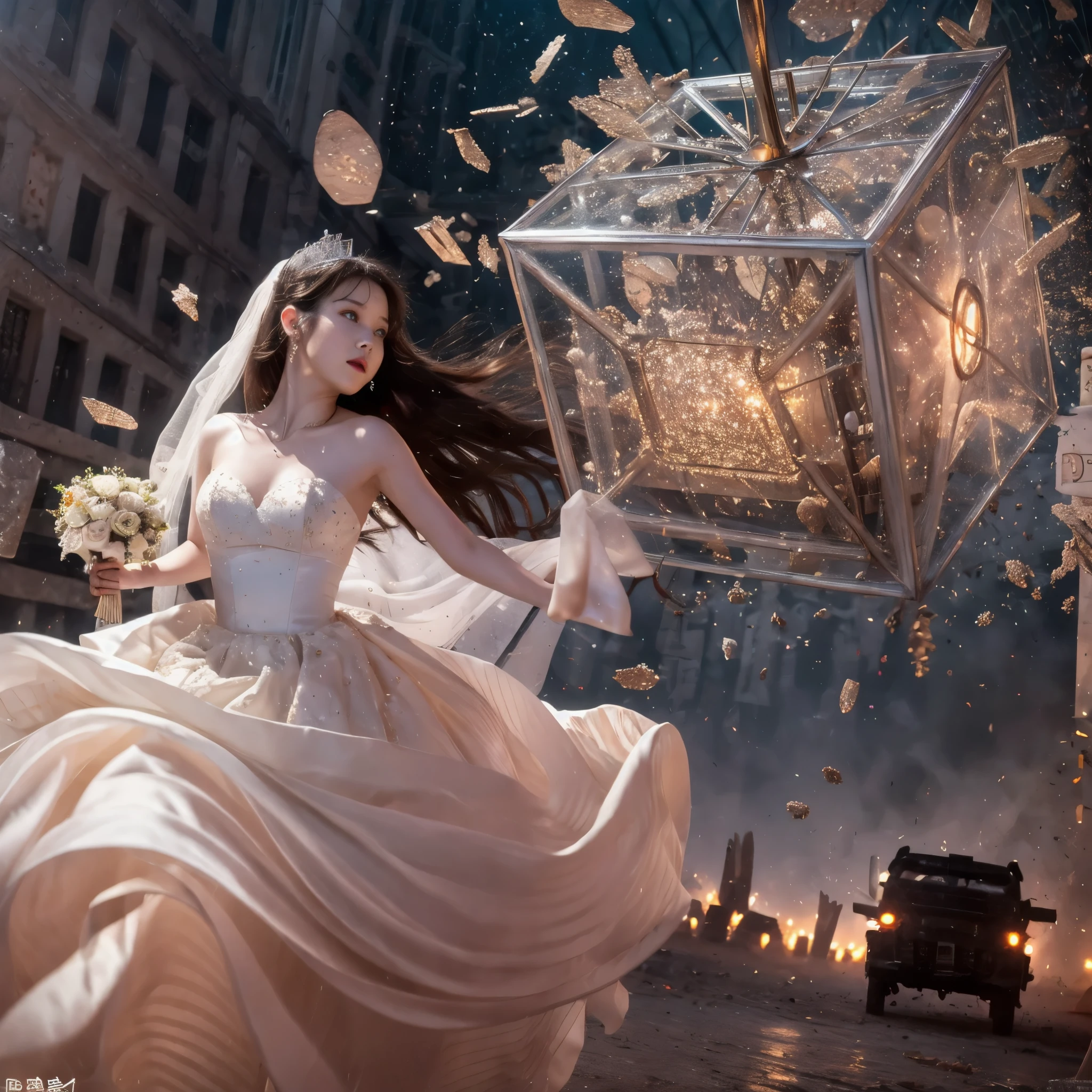 (RAW photo:1.2), (realistic), beautiful detailed girl, very detailed eyes and face, beautiful and detailed eyes, huge file size, High resolution, very detailed, highest quality, [table top:1.6], shape, very detailed, small details, highest quality, 8k wallpaper, movie lighting,Woman in wedding dress, Mysterious cube-shaped flying object, Destroyed world, Fleeing Woman, fight bravely, Desolate world, running, White wedding dress, A red shining disaster々new cube, look of fear, slender body, young face, immature body, feet exposed, white high heels