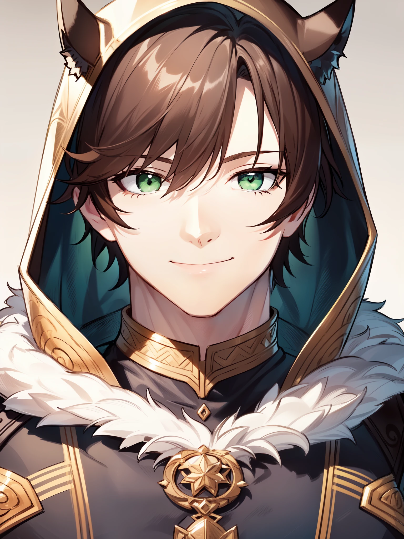 ((brown hair)), ((green eyes)), ((fair skin)), ((short hair)), ((cheerful expression)), ((wolf beast tamer)), ((fur trim clothing)), ((fantasy clothing)), ((mature male)), ((hood over head)), ((complementary colors)), 1boy, beautifully drawn, high resolution illustration, best quality, High definition, ((detailed anime sketch)), Masterpiece, (solo), absurdres, portrait, ((upper body)), ((close-up)), ((short hair)), detailed background, fine detail, male focus, HDR,