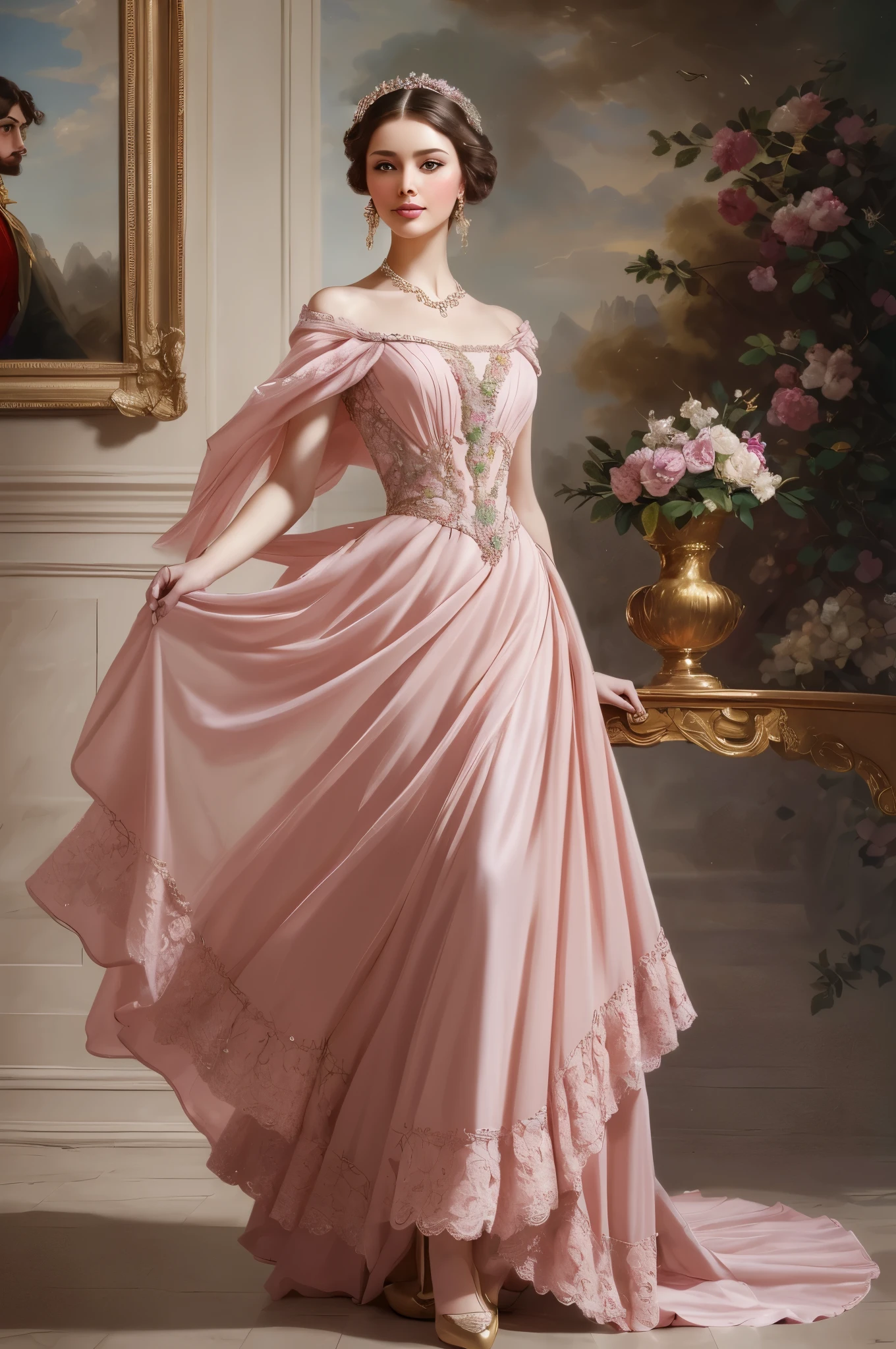 painting of a woman in a pink dress with a large dress, elegant digital painting, digital art of an elegant, ( ( konstantin razumov ) ), konstantin razumov, elegant oil painting, inspired by Howard Chandler Christy, inspired by Franz Xaver Winterhalter, elegant and refined painting, beautiful gorgeous digital art, elegant portrait, inspired by Cynthia Sheppard