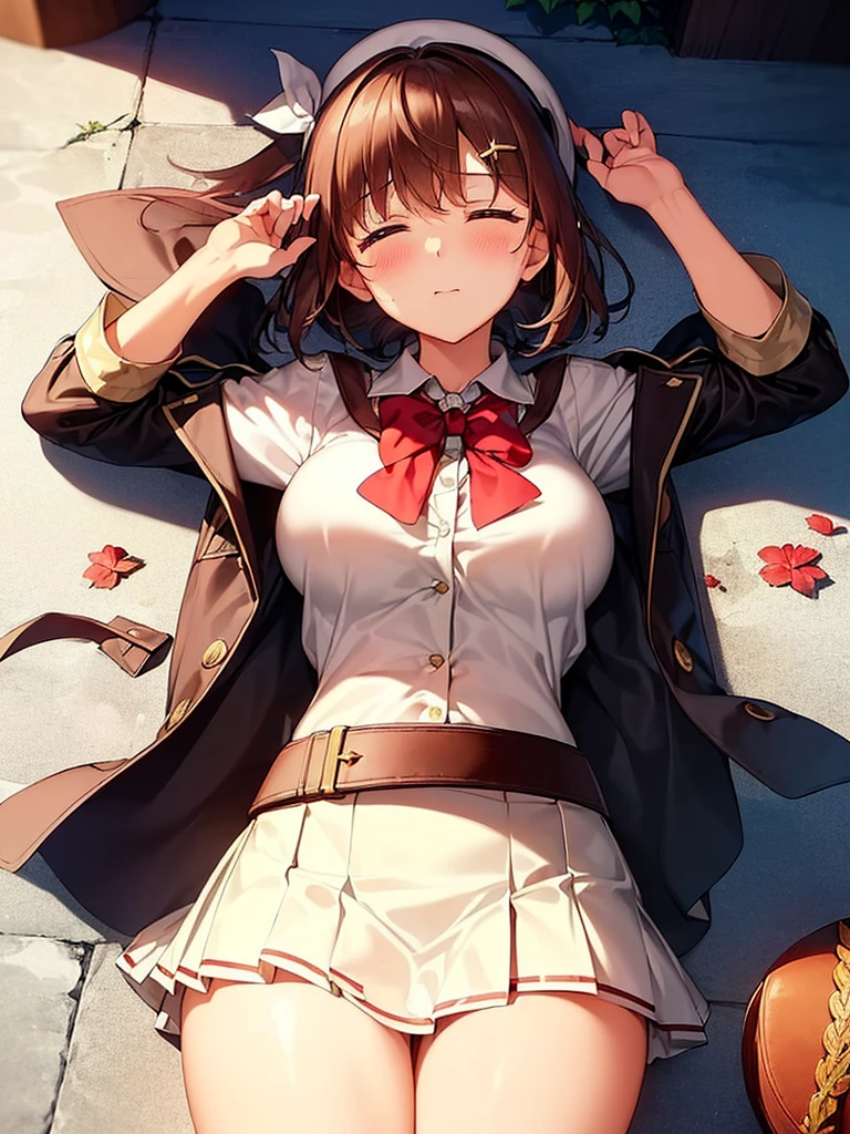 (lie on the ground on your back:1.3), (feel itchy), shortness of breath, ((raise your arms)), As it is, ((From above)), ((blush:1.2)), ((Fully closed eyes:1.3)), 1 girl, ((White school uniform)), red bow tie, huge breasts, Non-saggy breasts, ((long and thin legs)), ((thin waist)), thick thighs, Red miniskirt, Beautiful woman, pretty face, cowboy shot, ((skirt that rolls up:1.2))