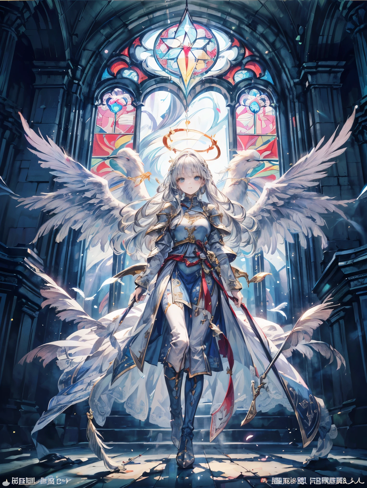 (official art、highest quality、Unity 8k wallpaper、32K、masterpiece、super detailed、Super high resolution、best illustrations、so ridiculous:1.2)、(cinematic lighting:1.2)、fire glow effect、film grain、best shadows、rim lighting、side light、(Super detailed and complex 3D rendering)、詳細なbeautiful faceと目、sharp pupils、realistic student、Slender、1men and women、medium bust、(whole body:1.2)、 beautiful face、16 year old beautiful girl、(super dense skin、fine skin texture:1.3)、(silver blonde、blue silver hair:1.3)、paladin、long hair、dull bangs、green eyes、3 braids in 1 bundle、(blue armor、blue boots、Blue helmet、jeweled、gold embroidery)、Slender、maxi skirt、(thighs thighs thighs:0.8)、(cheese、in house、artistic stained glass、large pipe organ、halo point、Mysterious、many feathers floating、Angelic、particles of light、Majestic、Sunlight is、Colorful、Fantastic:1.2)、(Fantastic:1.3)、(Holding the holy sword:1.0)、Fantastic、smile