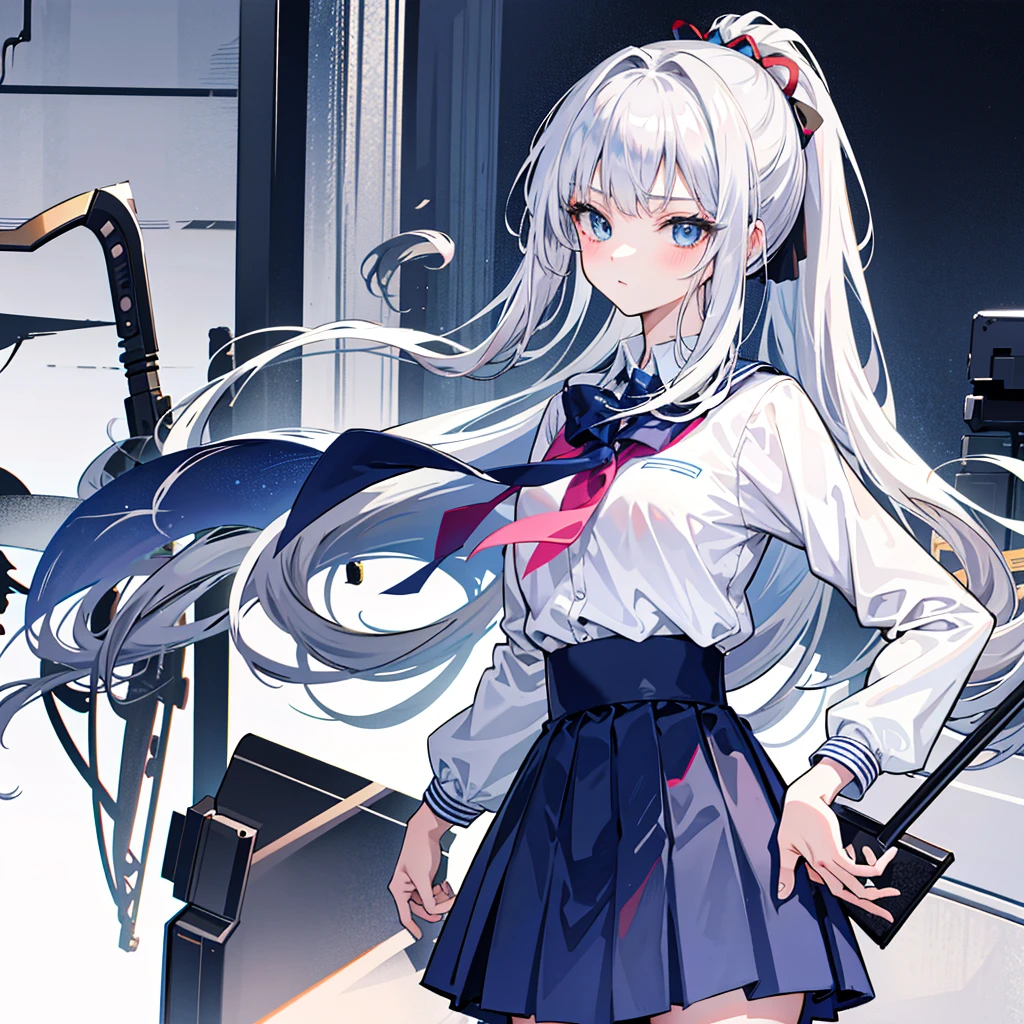 ((best quality)), ((masterpiece)), (detailed), perfect face, masterpiece, best quality, Anime, silver hair, Blue Eyes, ponytail, Bangs, cute face, ager, sexy, skirt, school uniform, 1 girl