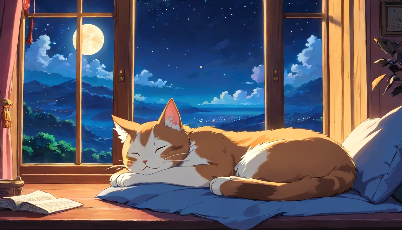Cat sleeping on pillow, Beautiful landscape window, night sky, moon.