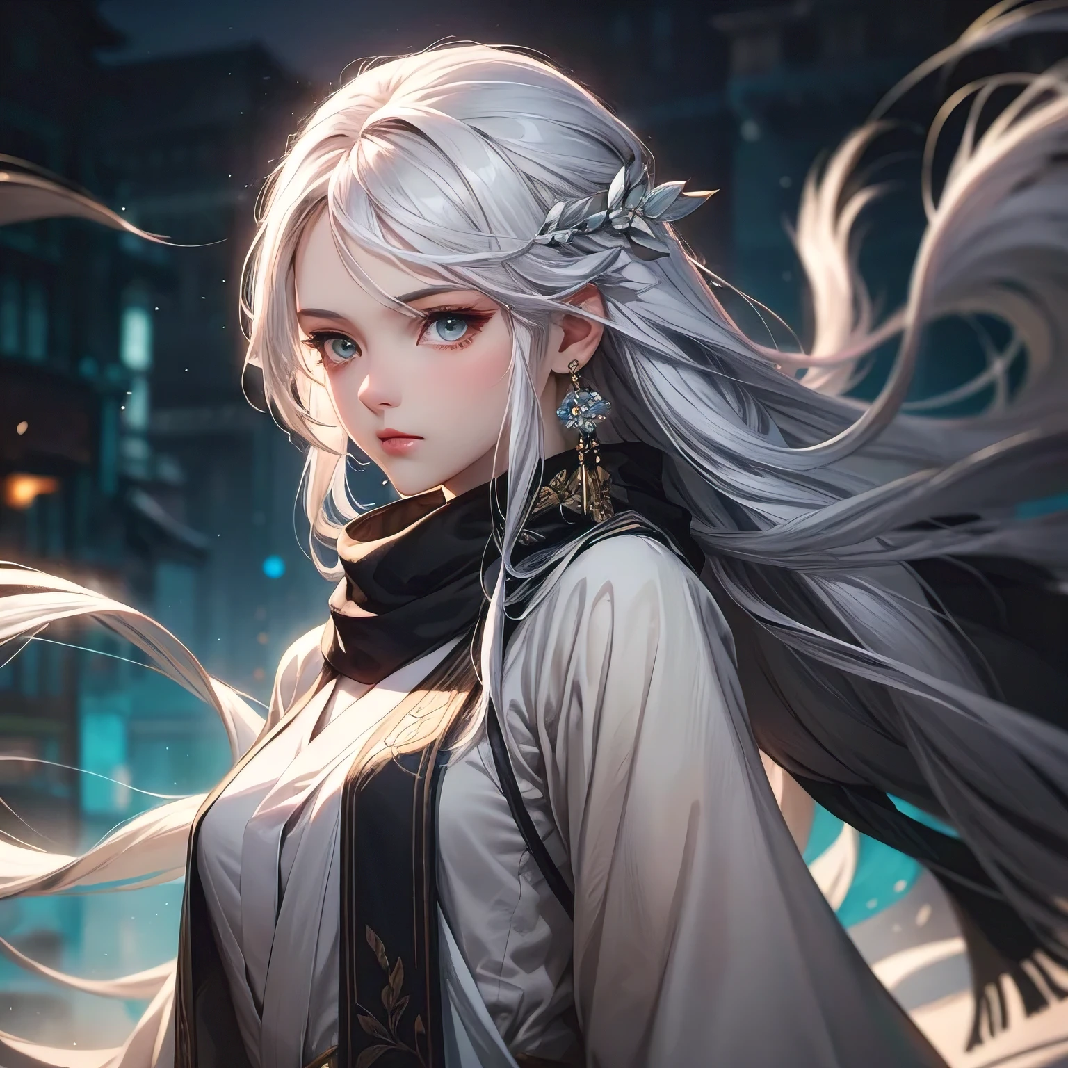 Close-up of a woman with white hair and a black scarf, Portraits of Yang Jie, pixiv contest winners, fantasy art, White-haired God, beautiful figure painting, guweiz style artwork, Snow woman’s sharp gaze, guweiz, with long white hair, with white hair, flowing hair and gown