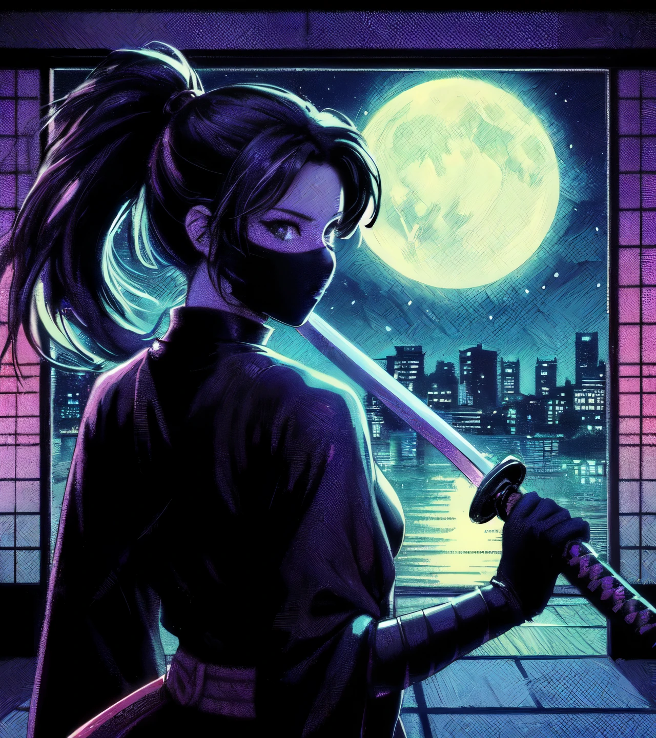 1lady solo, (looking back) (from behind), kunoichi (ninja outfit:1.2) (mask:1.1), (holding katana sword) (blade shimmering), mature female, /(black hair/) bangs, cool expression, (masterpiece best quality:1.2) delicate illustration ultra-detailed, medium breasts BREAK (vaporwave:1.2), (vaporwave aesthetic), (vaporwave-toned background) BREAK (Japanese room) indoors, (shoji screens:1.2), moon moonlight, cityscape, detailed background