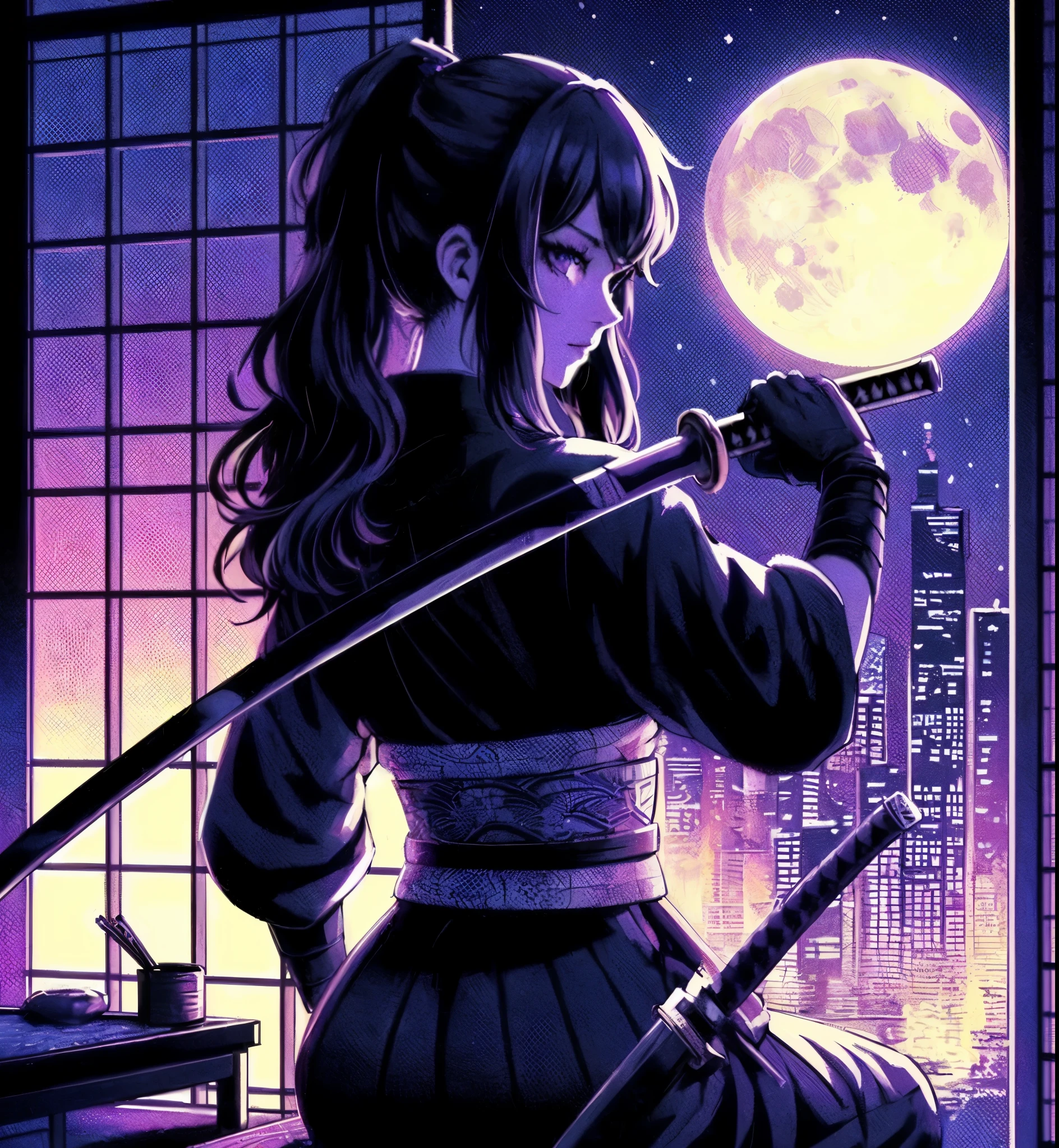 1lady solo, (looking back) (from behind), kunoichi (ninja outfit:1.2) (mask:1.1), (holding katana sword) (blade shimmering), mature female, /(black hair/) bangs, cool expression, (masterpiece best quality:1.2) delicate illustration ultra-detailed, medium breasts BREAK (vaporwave:1.2), (vaporwave aesthetic), (vaporwave-toned background) BREAK (Japanese room) indoors, (shoji screens:1.2), moon moonlight, cityscape, detailed background