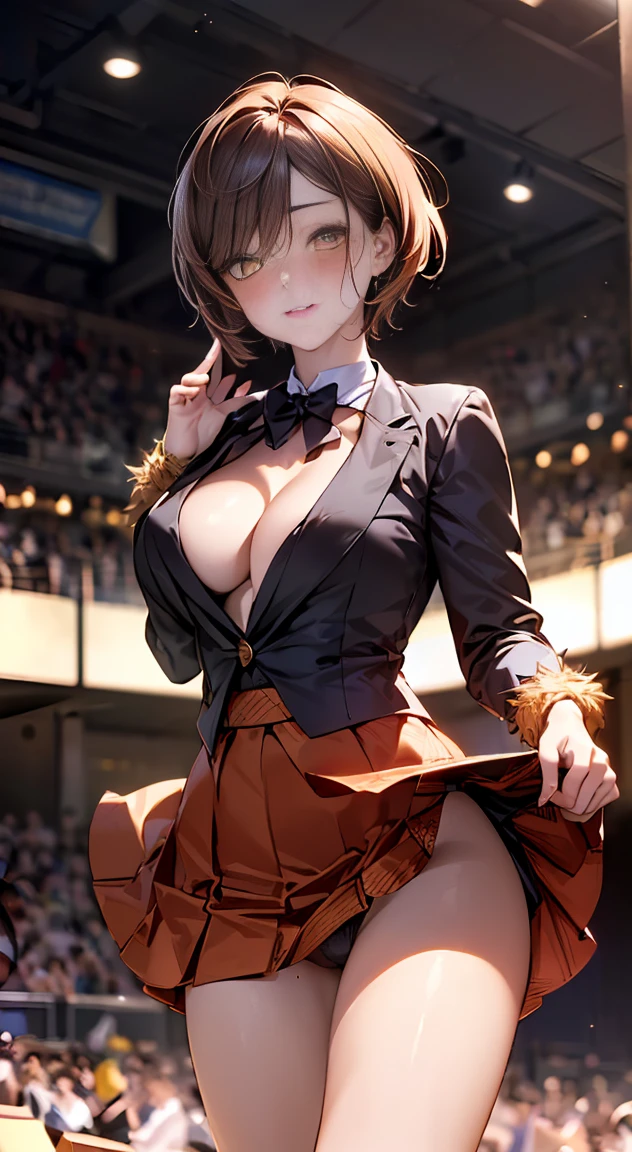 (masterpiece:1.2, highest quality), (realistic, photorealistic:1.4), beautiful illustrations,
looking at the viewer, whole body, Front view:0.6,
1 female, Japanese, ((Vermilion hair:1.5, Handsome Shorthair:1.5)), blown hair, bangs, ((big breasts, thin waist, big ass))
beautiful hair, beautiful face, beautiful and detailed eyes, (yellow eyes:1.3), beautiful clavicle, beautiful body, beautiful breasts, beautiful thighs, beautiful feet, beautiful fingers,
(beautiful scenery), beautiful concert stage,
((polka dot dress:1.3, detailed accessories, vest, mini skirt)), panties,
(Are standing, lift the skirt, Grab the hem of the skirt, put your hand on your chest, hand between legs, open your legs:1.3),
(Look at the viewer while blushing:1.3), ((idol costume:1.5))