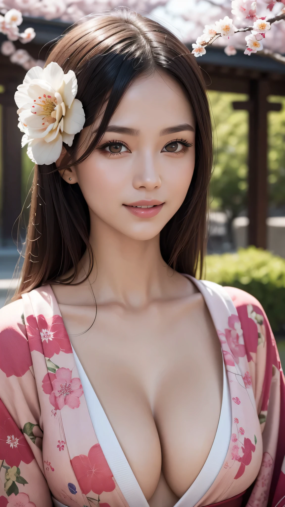 1woman, extremely sexy woman, Amazing face and eyes, (highly detailed eyes, highly detailed face), (floral pattern kimono:1.2), (extremely beautiful kimono), (cleavage:1.2), caute smile, (best quality:1.4), (Ultra realistic, high res), Raw photo, (realistic, photo-realistic:1.37), professional photography, cinematic light, old temple, cherry blossoms,