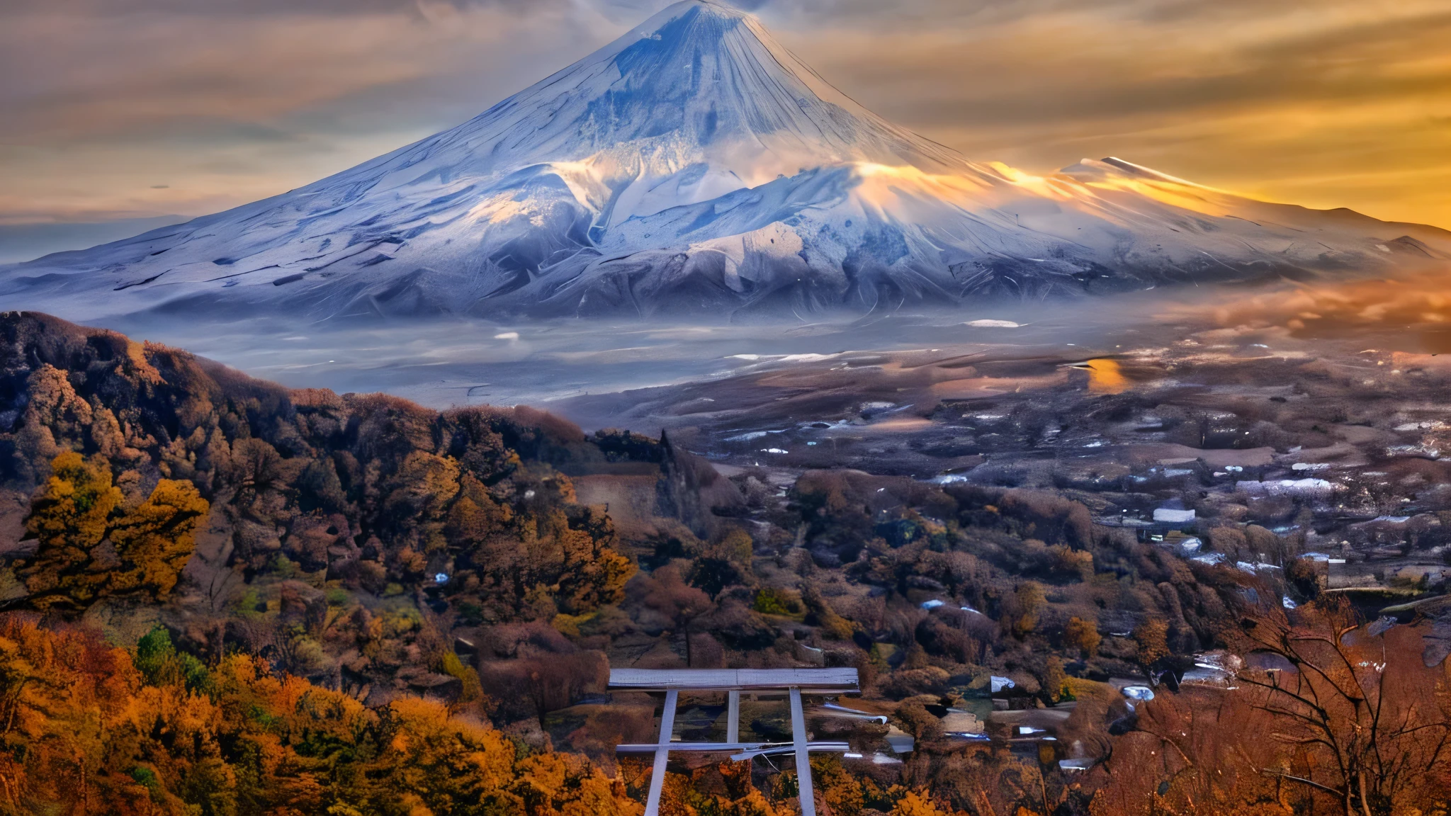 赤い門と前景に赤い門のある雪Mountain, at snowy Fuji mountain sunrise, Mountainの中の日本の鳥居, 日本のMountain, mount Fuji, mount Fuji in the background, japan nature, wood々のあるMountainの中の鳥居, A quest to travel deeper into Japan, Mountain. Fuji, mount Fuji on the background, japan travel aesthetic