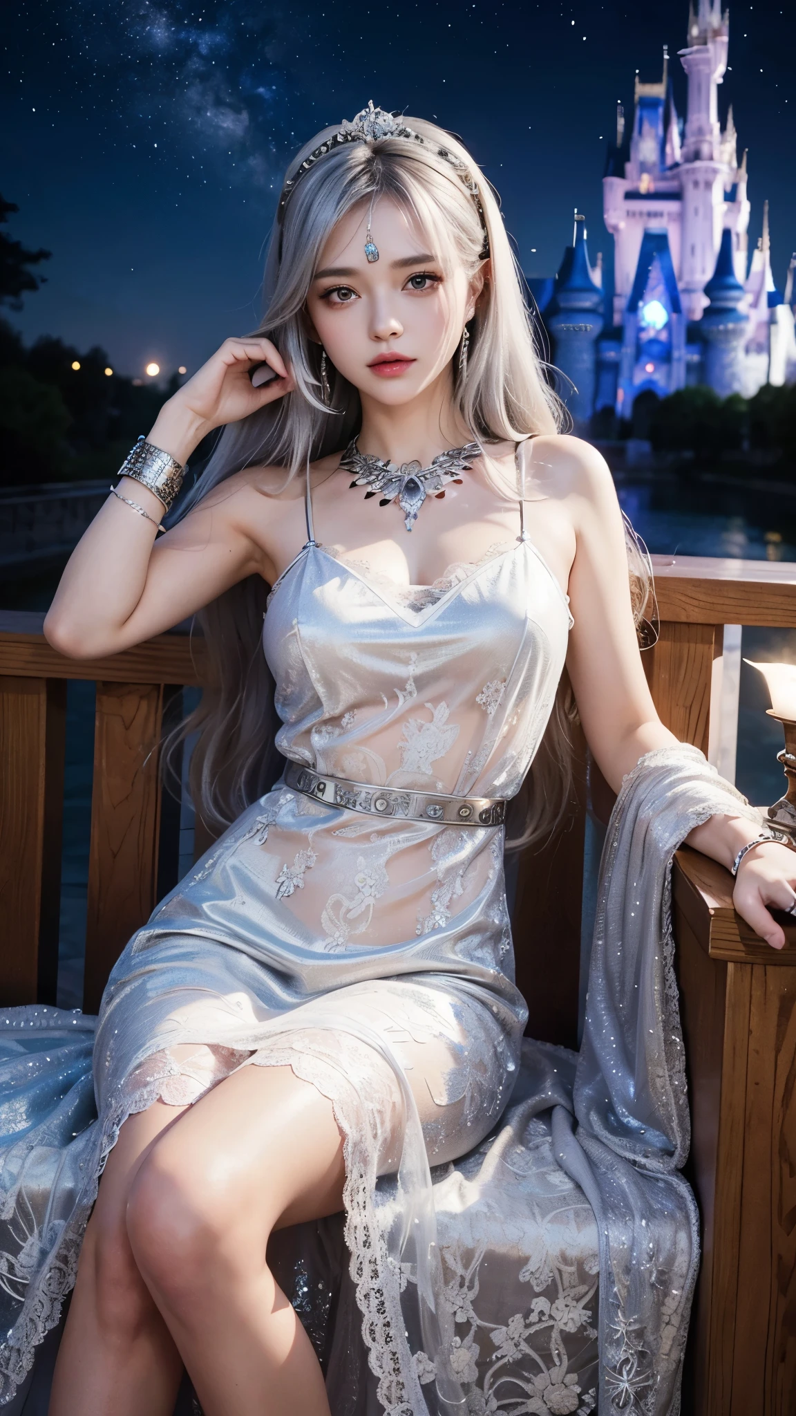 8K, ultra HD, masterpiece, realistic, 1 girl, good face, smoggy makeup, very long hair, princess hairstyle, detailed eyes, detailed lips, medium figure, very detailed dress, (silver dress:1.5), (strap:1.5), (lace:1.5), (net stocking:1), (jewelry:1.8), (disney castle), night sky, water, bloom lighting, night lighting, darkness, sitting,