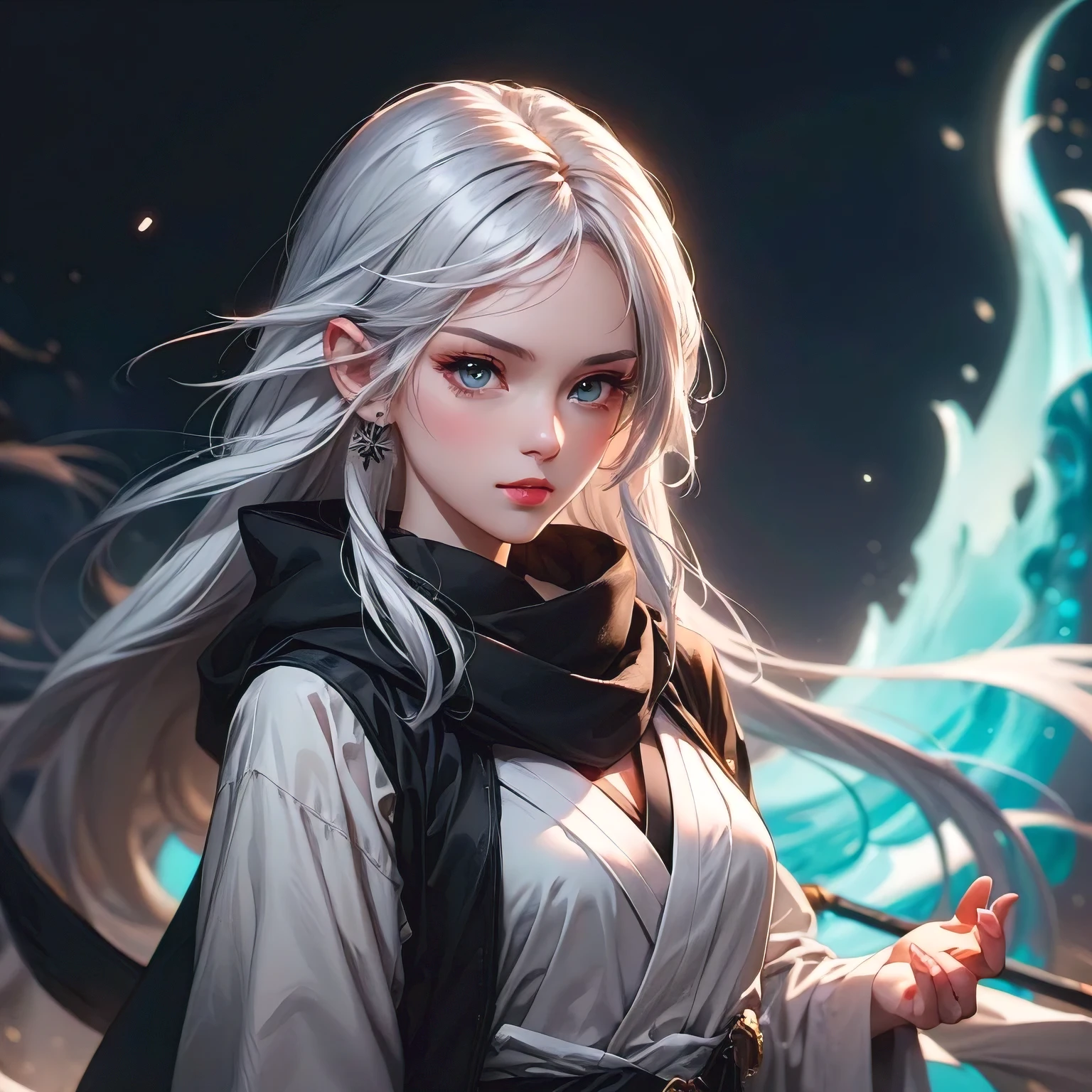 Close-up of a woman with white hair and a black scarf, Portraits of Yang Jie, pixiv contest winners, fantasy art, White-haired God, beautiful figure painting, guweiz style artwork, Snow woman’s sharp gaze, guweiz, with long white hair, with white hair, flowing hair and gown