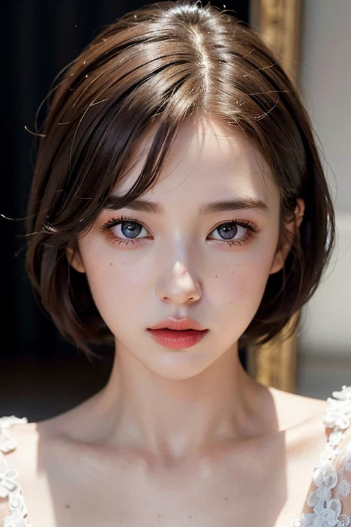 highest quality,masterpiece,very detailed,High resolution,4K,ultra High resolution,detailed shadow,ultra realistic,realistic,dramatic lighting,1 girl,alone,detailed face,realistic eyes,realistic skin,white dress,dynamic pose, private server,Maron brown hair color