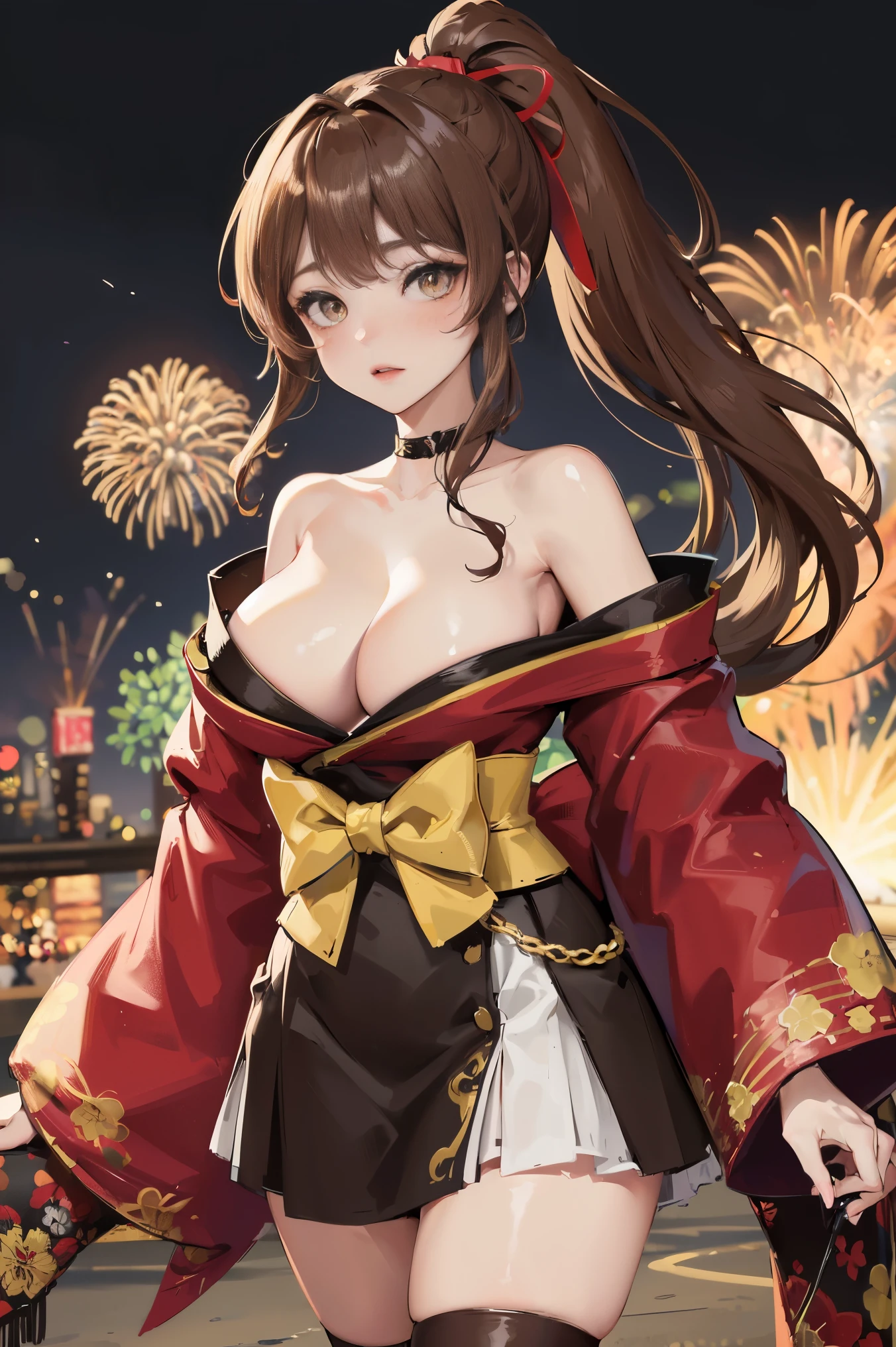 "anime girl, 1 person, dark brown hair, ponytail, ponytail, hairpin, brown eyes, kimono, dark brown kimono, elaborate patterned outfit, stockings, large breasts, blushing  , solo, view from different directions, night, festival, New Year's Eve fireworks, watch fireworks (full HD Image 4K+)"