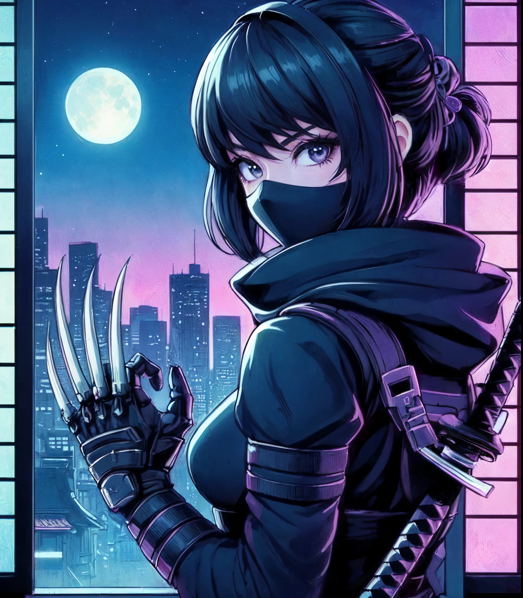 1lady solo, (looking back) (from behind), kunoichi (ninja outfit:1.2) (mask:1.1), (claw weapon) (katana sword), mature female, /(black hair/) bangs, cool expression, (masterpiece best quality:1.2) delicate illustration ultra-detailed, medium breasts BREAK (vaporwave:1.2), (vaporwave aesthetic), (vaporwave-toned background) BREAK (Japanese room) indoors, (shoji screens:1.2), moon moonlight, cityscape, detailed background