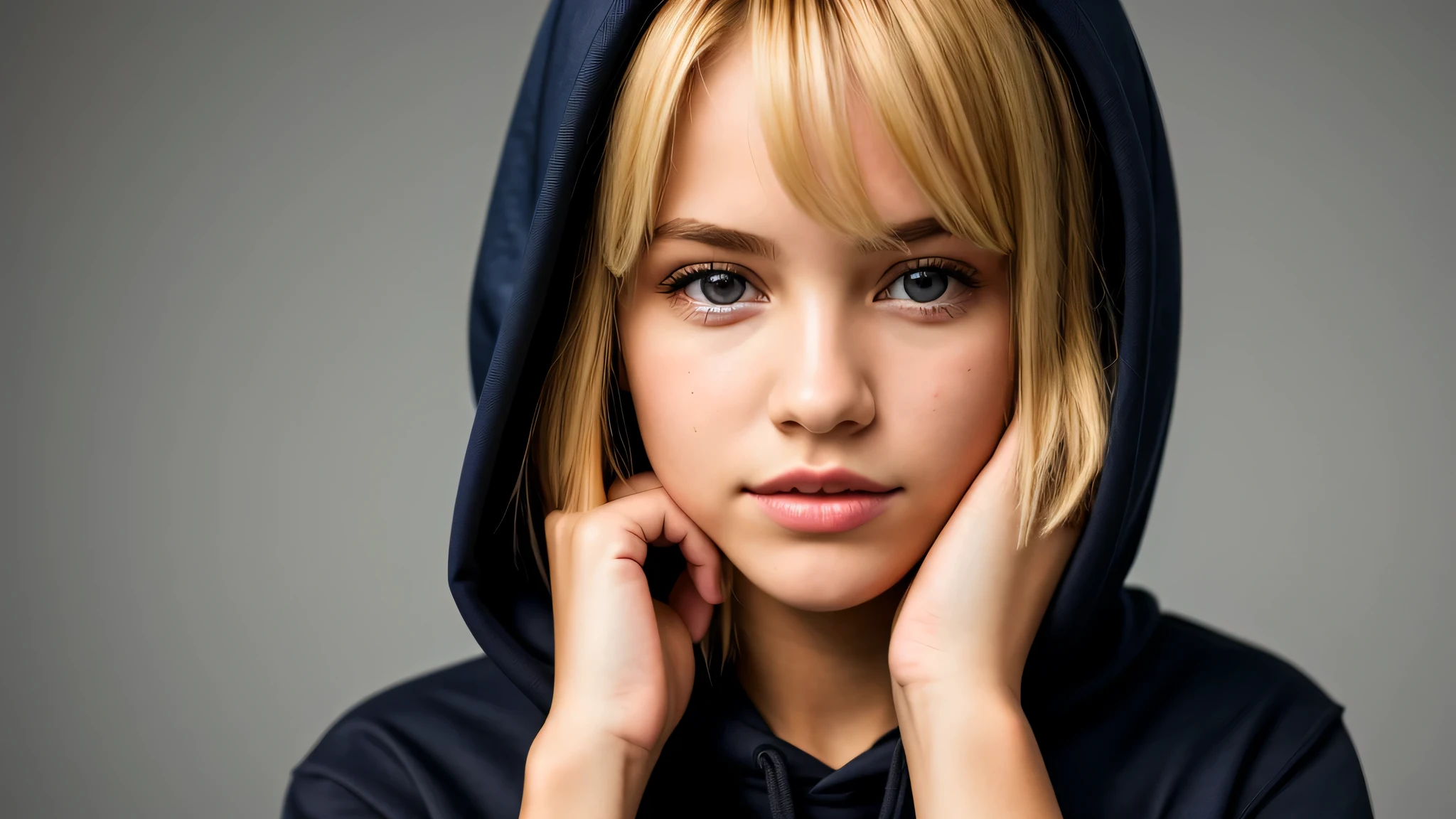 KIDS GIRL BLONDE in a black hoodie holding her head in her hands, KIDS girl wearing hoodie, in a black hoodie, close up portrait photo, gorgeous young model, in a hoodie, portrait black and white portrait, wearing a black hoodie