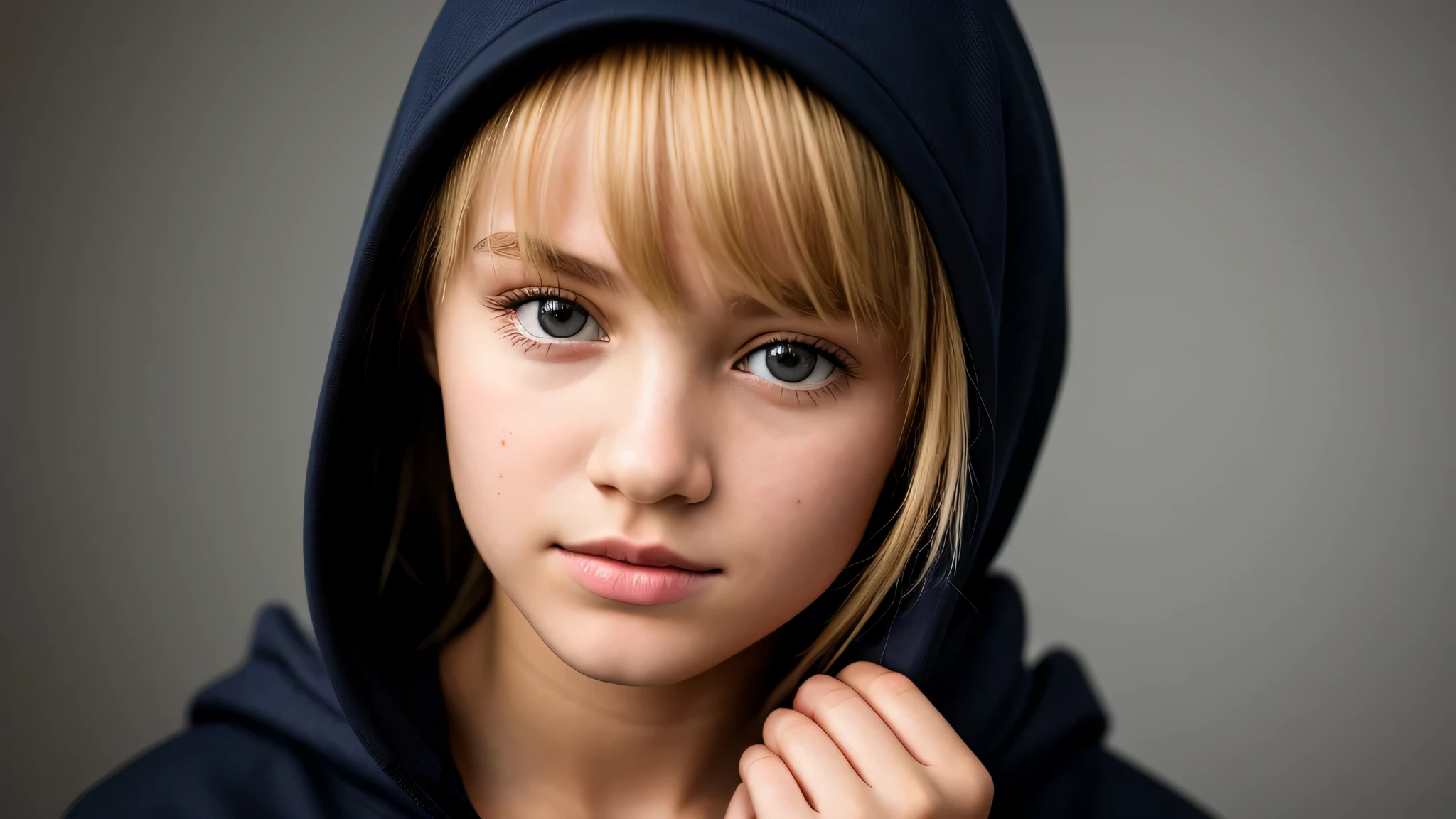 KIDS GIRL BLONDE in a black hoodie holding her head in her hands, KIDS girl wearing hoodie, in a black hoodie, close up portrait photo, gorgeous young model, in a hoodie, portrait black and white portrait, wearing a black hoodie