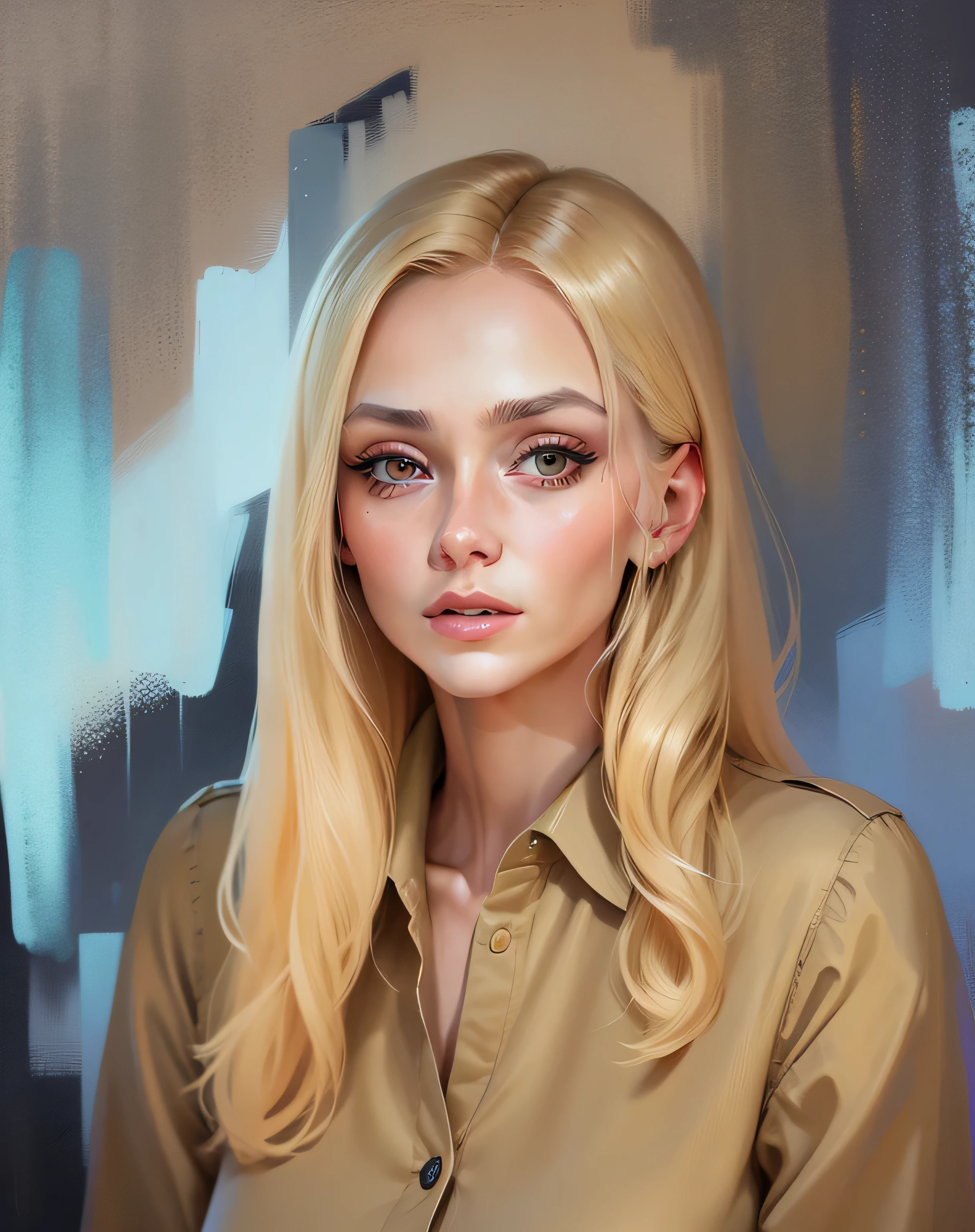 close-up of a woman with blond hair and a beige blouse, digital portrait, portrait art, Digital painting, apply strokes to the wall behind, oil painting, portrait in digital painting styles, the hair is clearly drawn, Good quality, short dark hair, Alexandra Valishevskaya, color portrait, Portrait in profile, high quality portrait