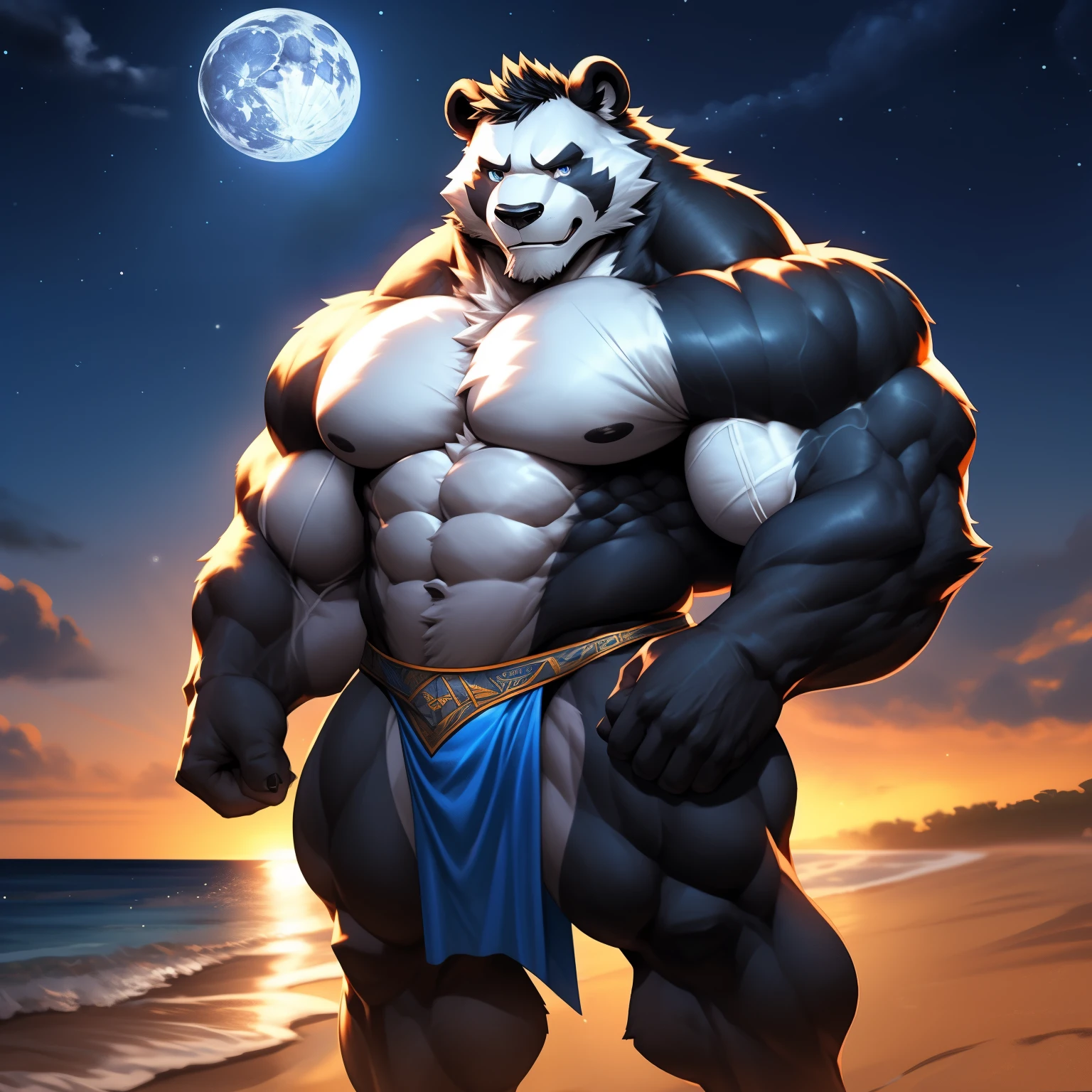 PRO competitive bodybuilder, nj5furry, ( black Panda, massive, huge, muscular), black Panda, ((extremely realistic shadows, masterpiece, extremely detailed, photorealistic)), anthro, looking at the viewer, ((FRONT)), short hair, black mohawk, Panda black, ((detailed face)) red nose, blue eyes, ((detailed eyes)), white skin, black fur, black hair, height 3 meters high, the optimal height, tight clothing, 190 kg, body full of huge muscles; bulge in the crotch, muscle and bulge pecs, ripped abs, V-shaped body, thick waist, long legs, strong arms manly, handsome face, attractive cool calm face type with a kindsmile, topless. Beach, night, moon, moon rays, nebula; he wears a blue and white cloth ornament loincloth revealing huge muscular thighs. ((illuminated)) He has an aura of wisdom and tranquility around him, although he has a kind smile, his eyes have some sadness.
