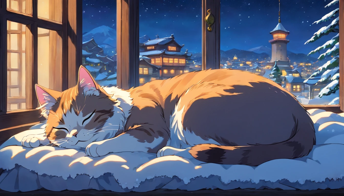 Cat sleeping on pillow ,Beautiful landscape window, snow,winter, night.