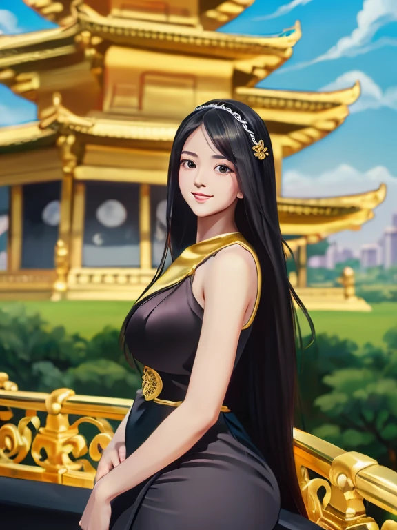 masterpiece, best quality, girl, solo, ((mature female)),, long hair, hair, princess, black dress(dress) (golden dress) fantasy, happy, looking at viewer, cartoon, anime, (oil painting)Burmese girl, 18 years old, Bagan pagoda view background, clear Hd 8k