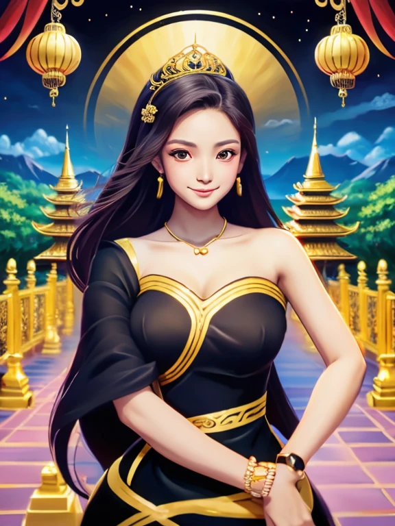 masterpiece, best quality, girl, solo, ((mature female)),, long hair, hair, princess, black dress(dress) (golden dress) fantasy, happy, looking at viewer, cartoon, anime, (oil painting)Burmese girl, 18 years old, Bagan pagoda view background, clear Hd 8k