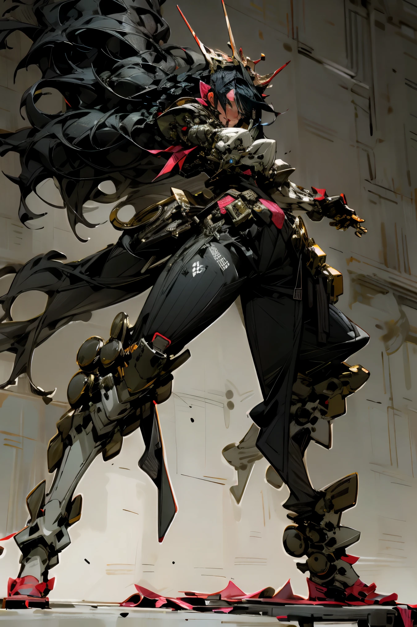 ((best quality)), ((masterpiece)), (Very detailed: 1.3), 3D, Ikaruvarkyri mecha, Beautiful cyberpunk woman wearing a crown, Comes with chef style armor, Very sexy, whole body, fighting stance, black hair braid,