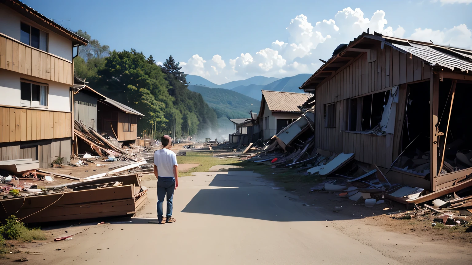 man standing in front of the wreckage of a house leveled by a landslide at noite, noite, escuro