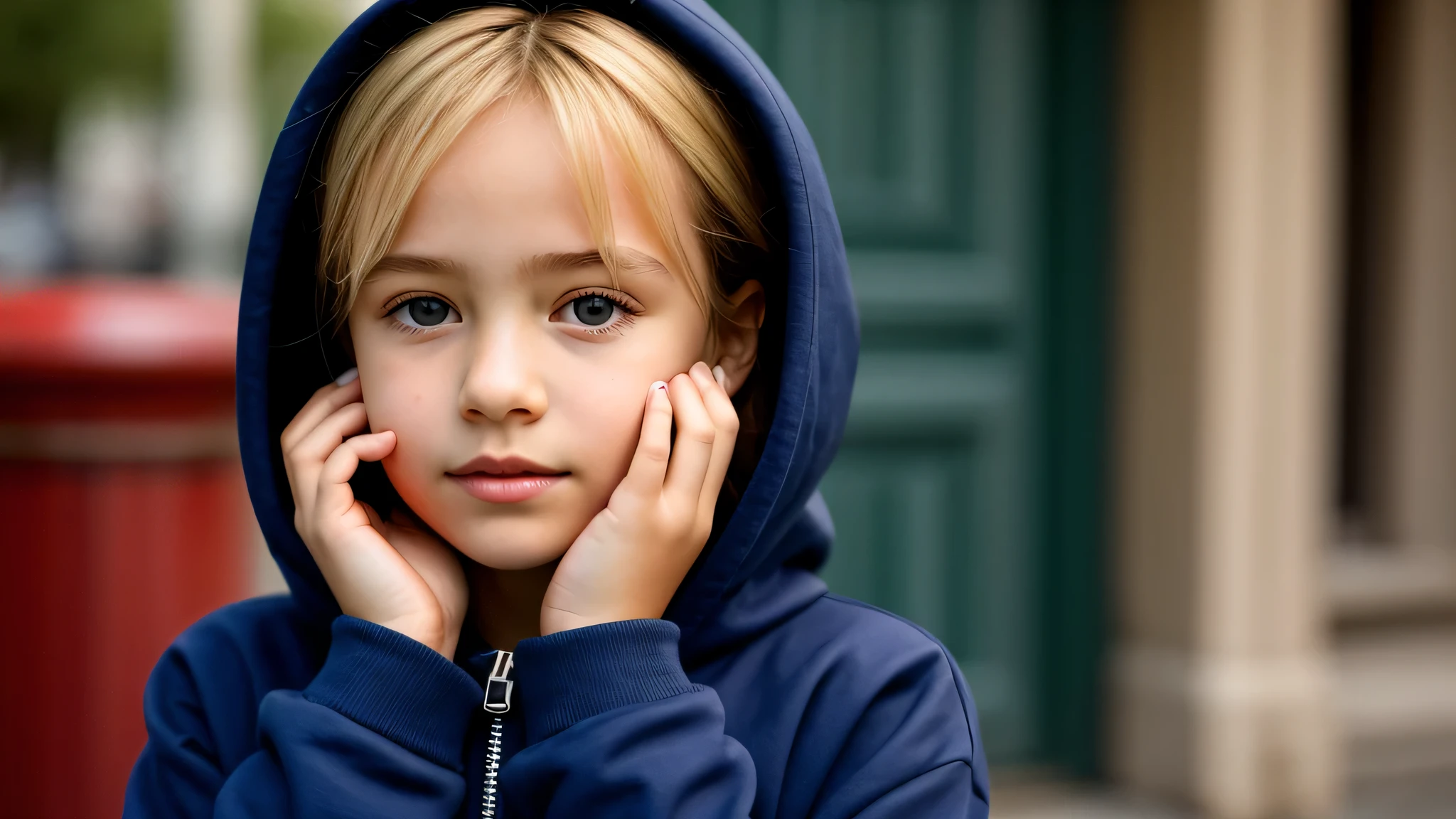 KIDS GIRL BLONDE in a black hoodie holding her head in her hands, circle of stone