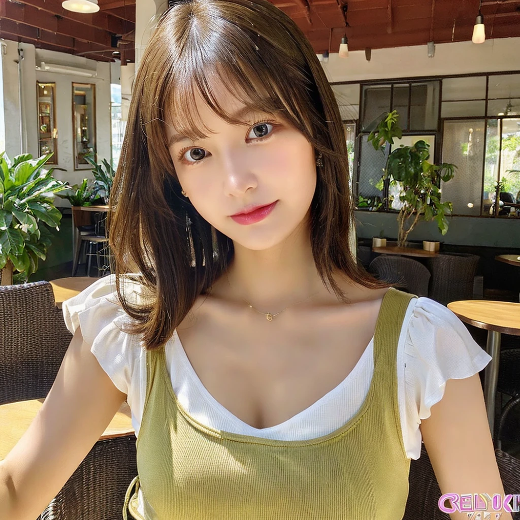 (realisitic、hight resolution:1.3)、1 girl with a perfect figure、Super thin face and eyes、shorth hair、Tank Tops:1 in random color.2、Short jeans、in a cafe、coffee on table、Exposed cleavage