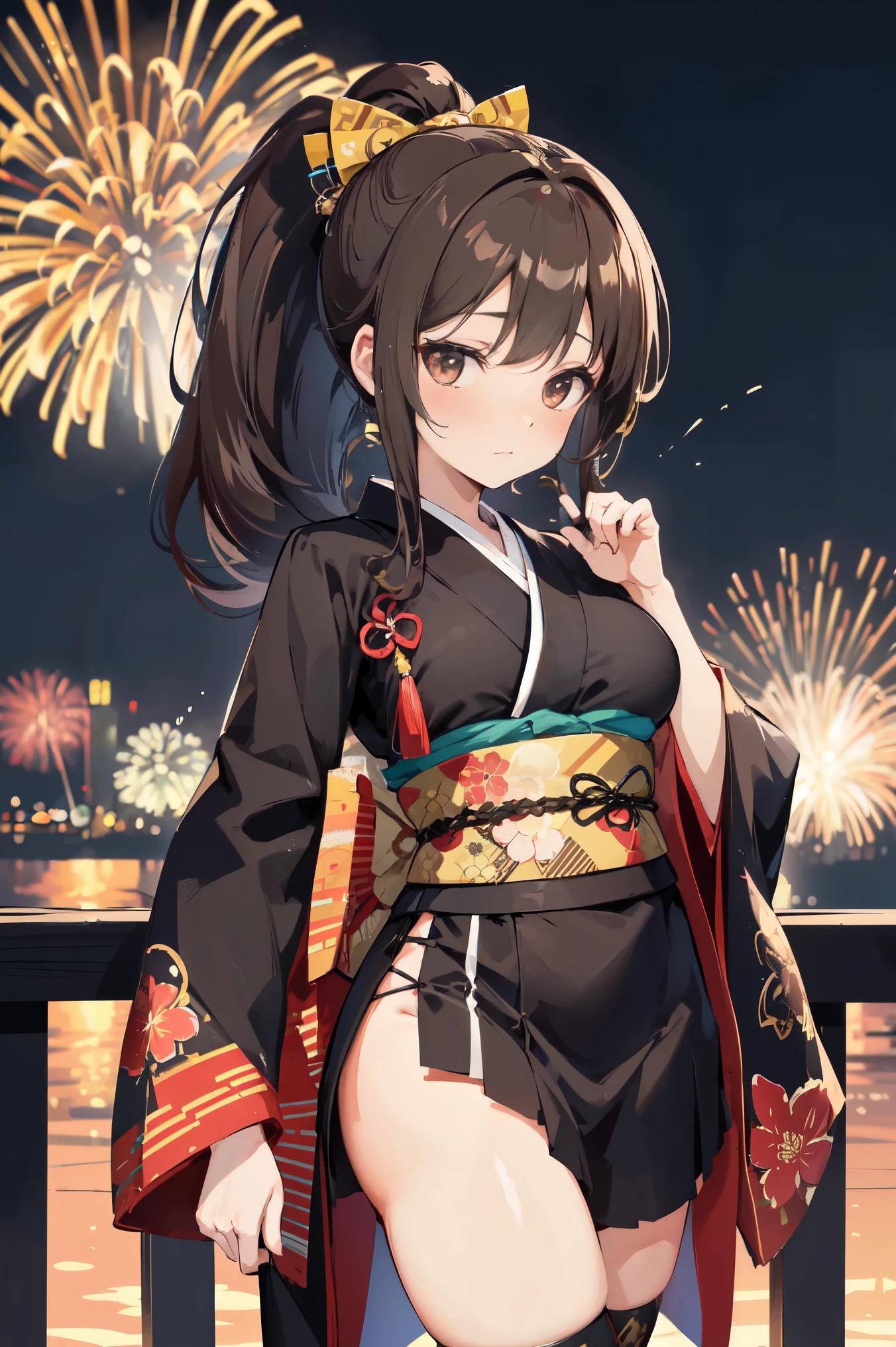 "anime girl, 1 person, dark brown hair, ponytail, ponytail, hairpin, brown eyes, kimono, dark brown kimono, elaborate patterned outfit, stockings, large breasts, blushing , solo, view from different directions, night, festival, New Year's Eve fireworks, watch fireworks (full HD Image 4K+)"