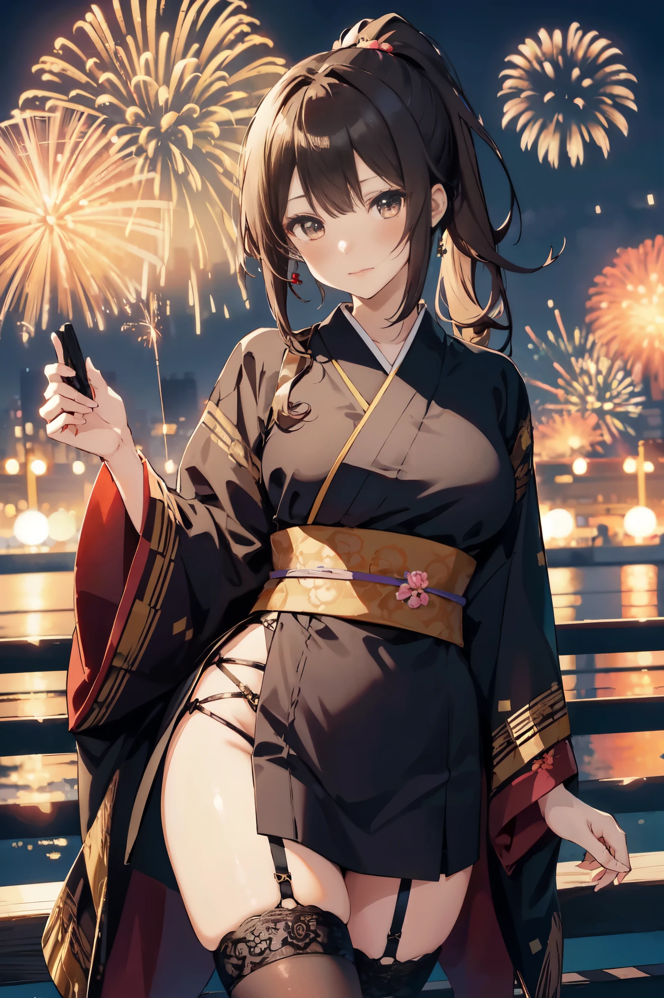 "anime girl, 1 person, dark brown hair, ponytail, ponytail, hairpin, brown eyes, kimono, dark brown kimono, elaborate patterned outfit, stockings, large breasts, blushing , solo, view from different directions, night, festival, New Year's Eve fireworks, watch fireworks (full HD Image 4K+)"