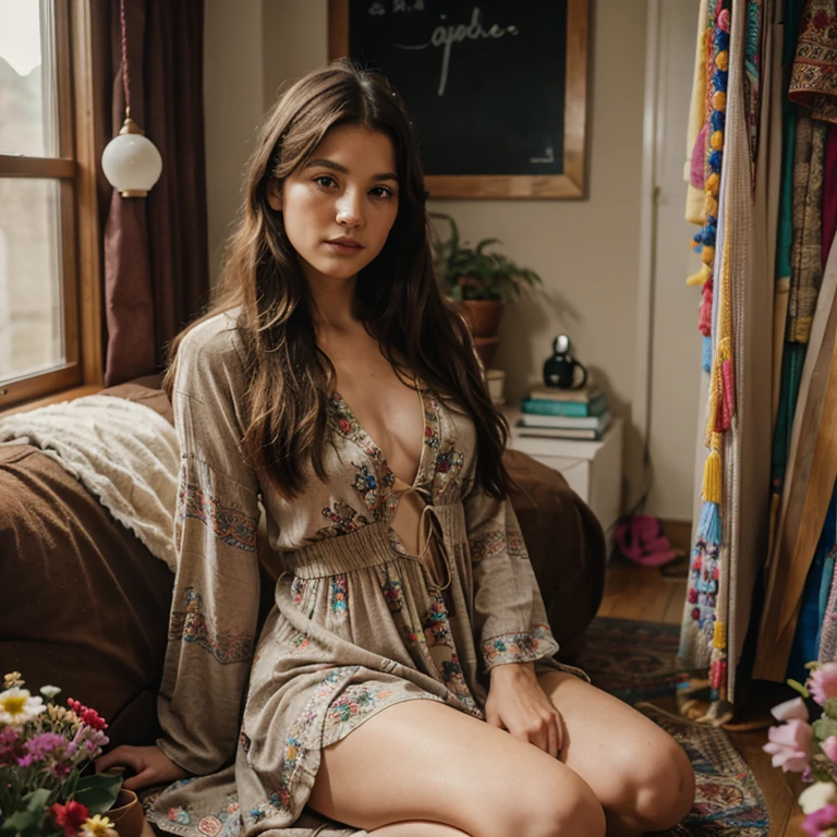 A hippie women in her hippie room full of bells and flowers, wearing hippie dress, Kodak camera, cinematic