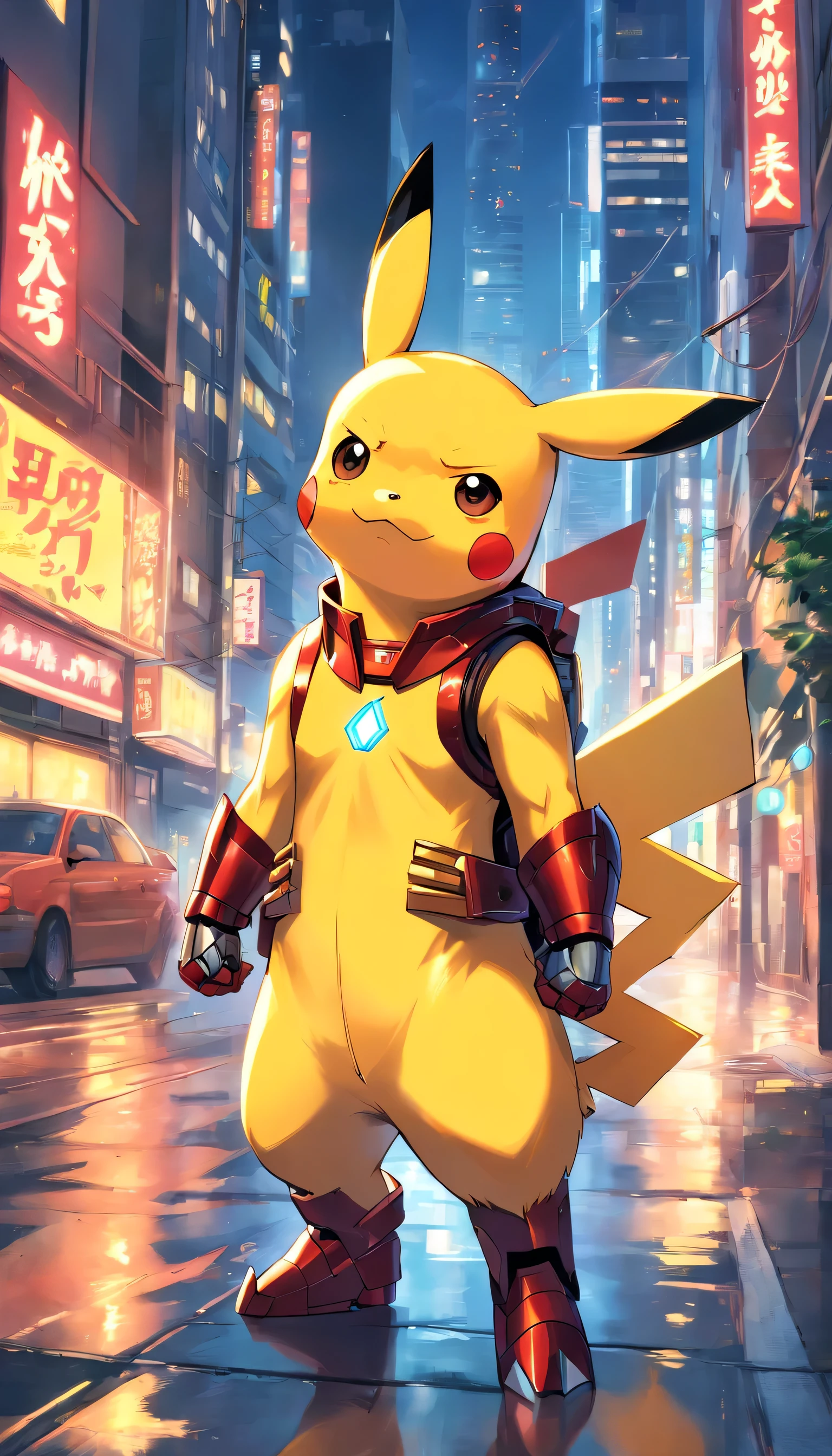 Highly detailed illustration of Pikachu in iconic Iron Man armor, Outstanding quality, dynamic pose, mischievous look, city night view, dramatic lighting, Ultra-realistic drawing style