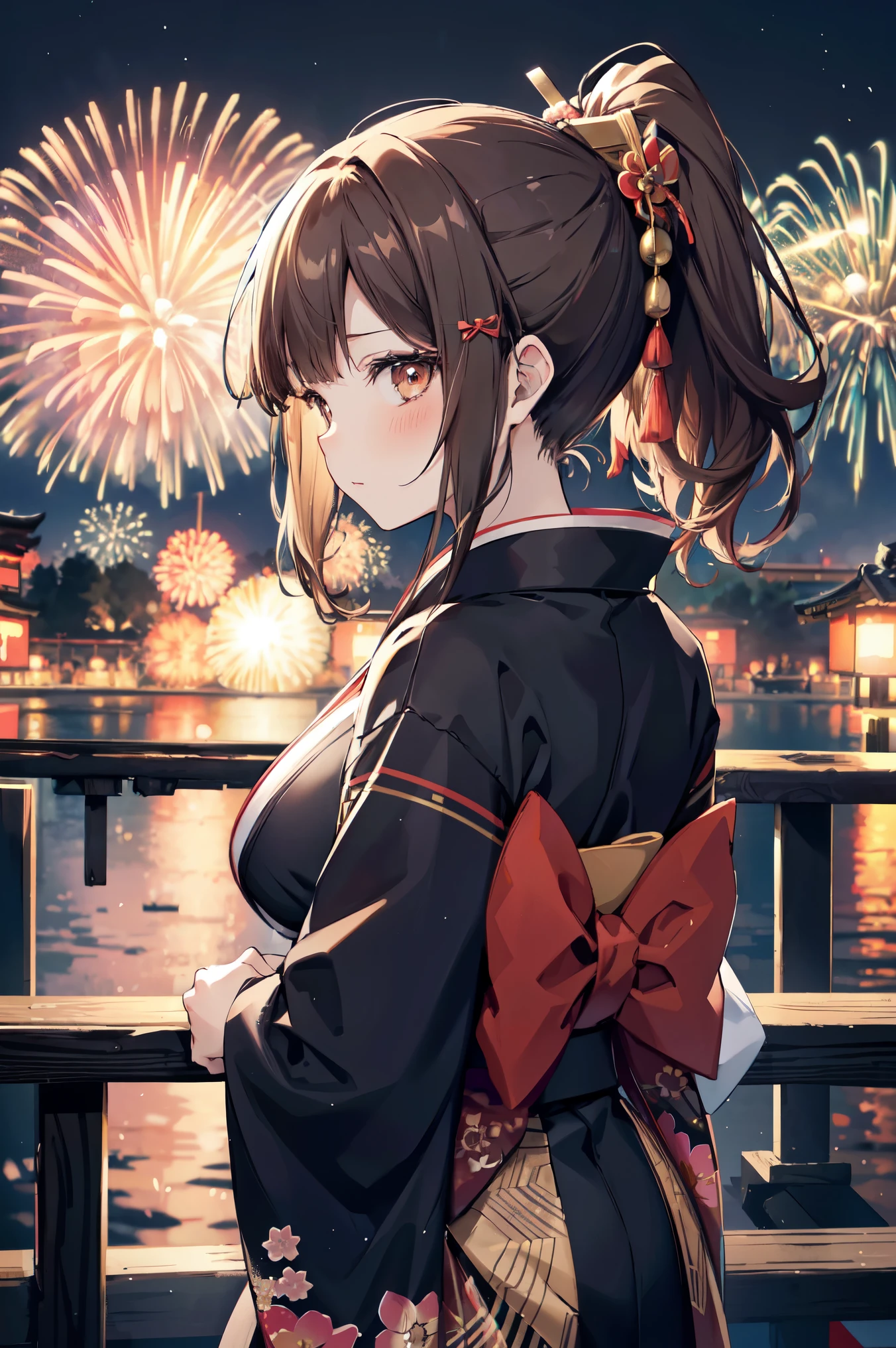 "anime girl, 1 person, dark brown hair, ponytail, ponytail, hairpin, brown eyes, kimono, dark brown kimono, elaborate patterned outfit, stockings, large breasts, blushing , solo, view from different directions, night, festival, New Year's Eve fireworks, watch fireworks (full HD Image 4K+)"