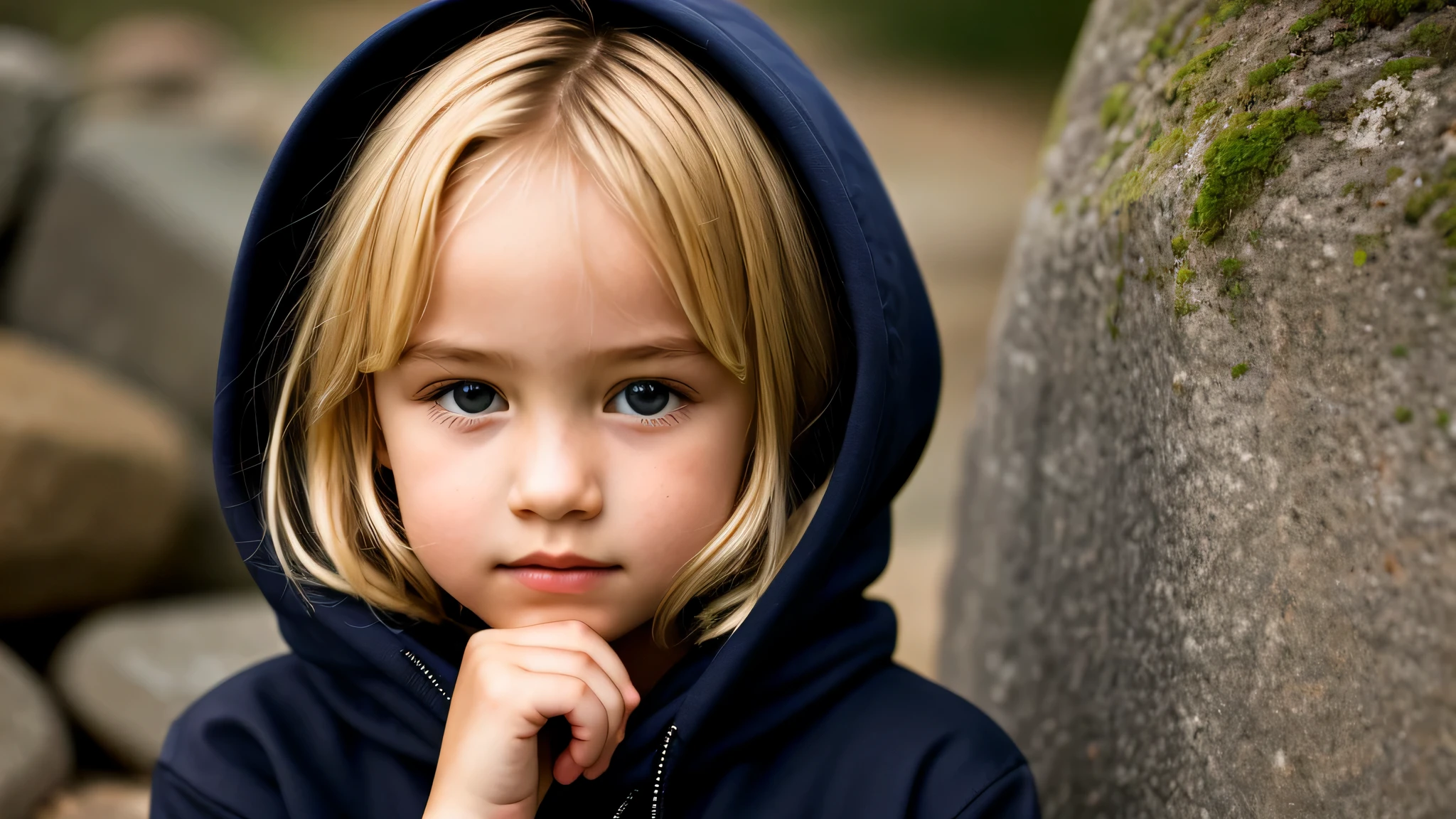 KIDS GIRL BLONDE in a black hoodie holding her head in her hands, circle of stone