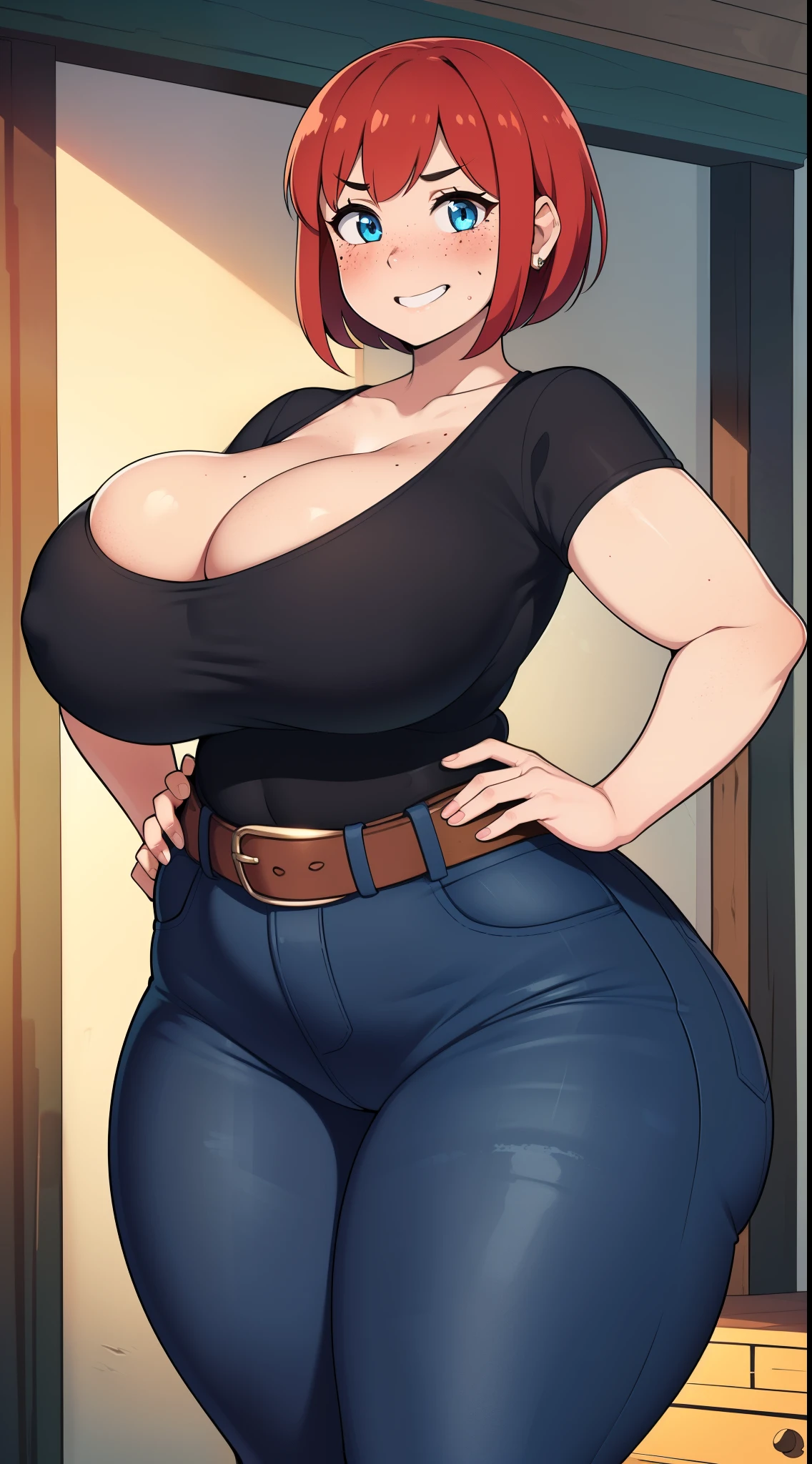 ((highres)), Masterpiece, high quality, best quality, beautiful, perfect lighting, detailed face, ultra cute face, ((1girl)), ((solo), short red hair, fluffy hair, blue eyes, freckles, ((blush)), affectionate smile, looking at viewer, hand on hip, arm at side, farm, daytime, black shirt, jeans, belt, (tight clothes), (massive breasts), cleavage, perky breasts, (wide hips), ((thick thighs)), chubby,