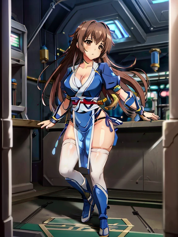 (masterpiece, best quality:1.3)
KasumiDOA, 1girl, solo, long hair, breasts, looking at viewer, bangs, large breasts, brown hair, thighhighs, dress, ribbon, cleavage, brown eyes, medium breasts, underwear, standing, panties, hair ribbon, braid, short sleeves, cowboy shot, japanese clothes, puffy sleeves, white thighhighs, puffy short sleeves, lips, sash, pelvic curtain, yellow ribbon, realistic, nose, arm guards, kote,hypnosis,Upright Pose,(Inside a futuristic and complex laboratory:1.6),(hands and feet tied to machines)